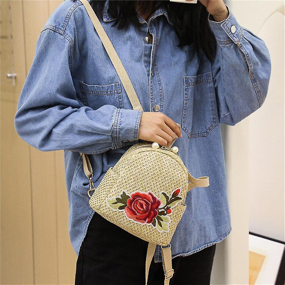 Foto 3 pulgar | Mochila Huoguo Para Mujer Tejida En Paja, Rosa, Estilo Vintage - Venta Internacional.