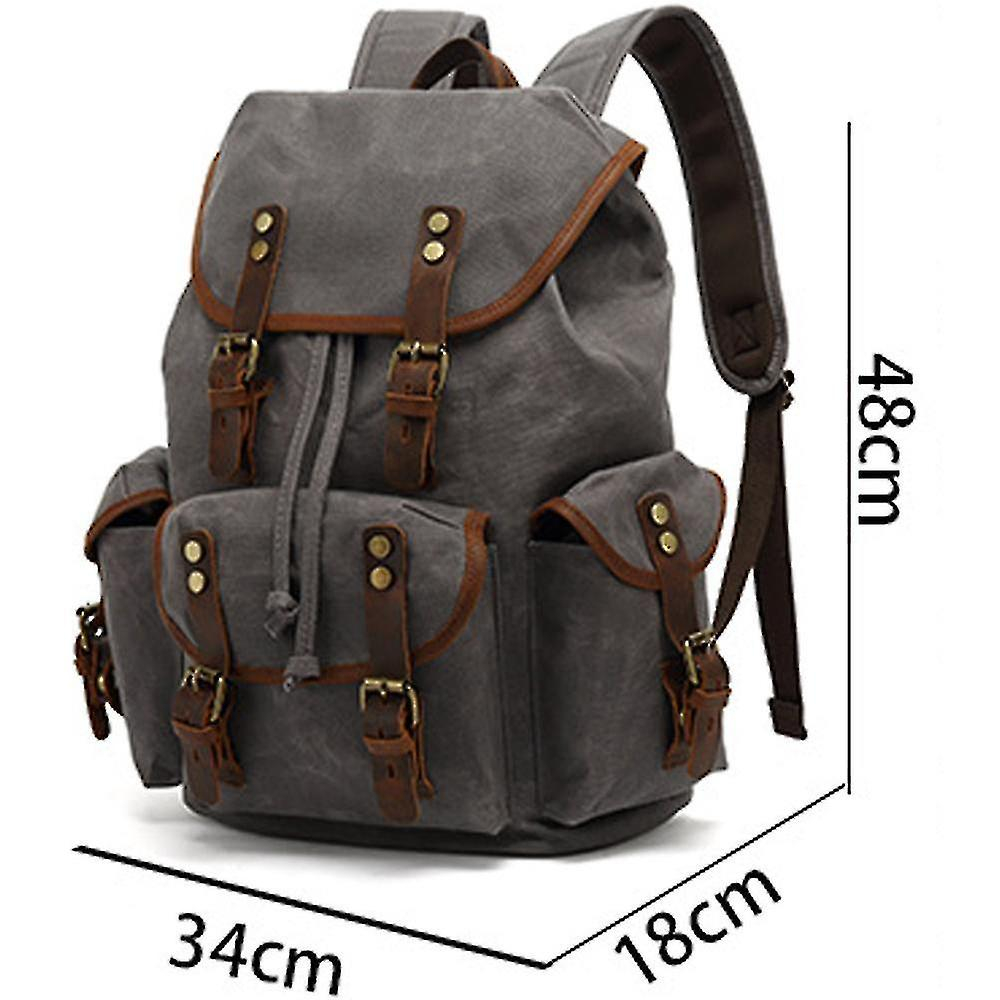 Foto 5 | Mochila Huoguo Retro De Lona Impermeable Con Piel Caqui - Venta Internacional.