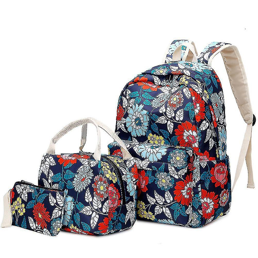 Foto 2 pulgar | Mochila Huoguo De Tres Piezas De Nylon Con Estampado Floral Azul Marino - Venta Internacional.