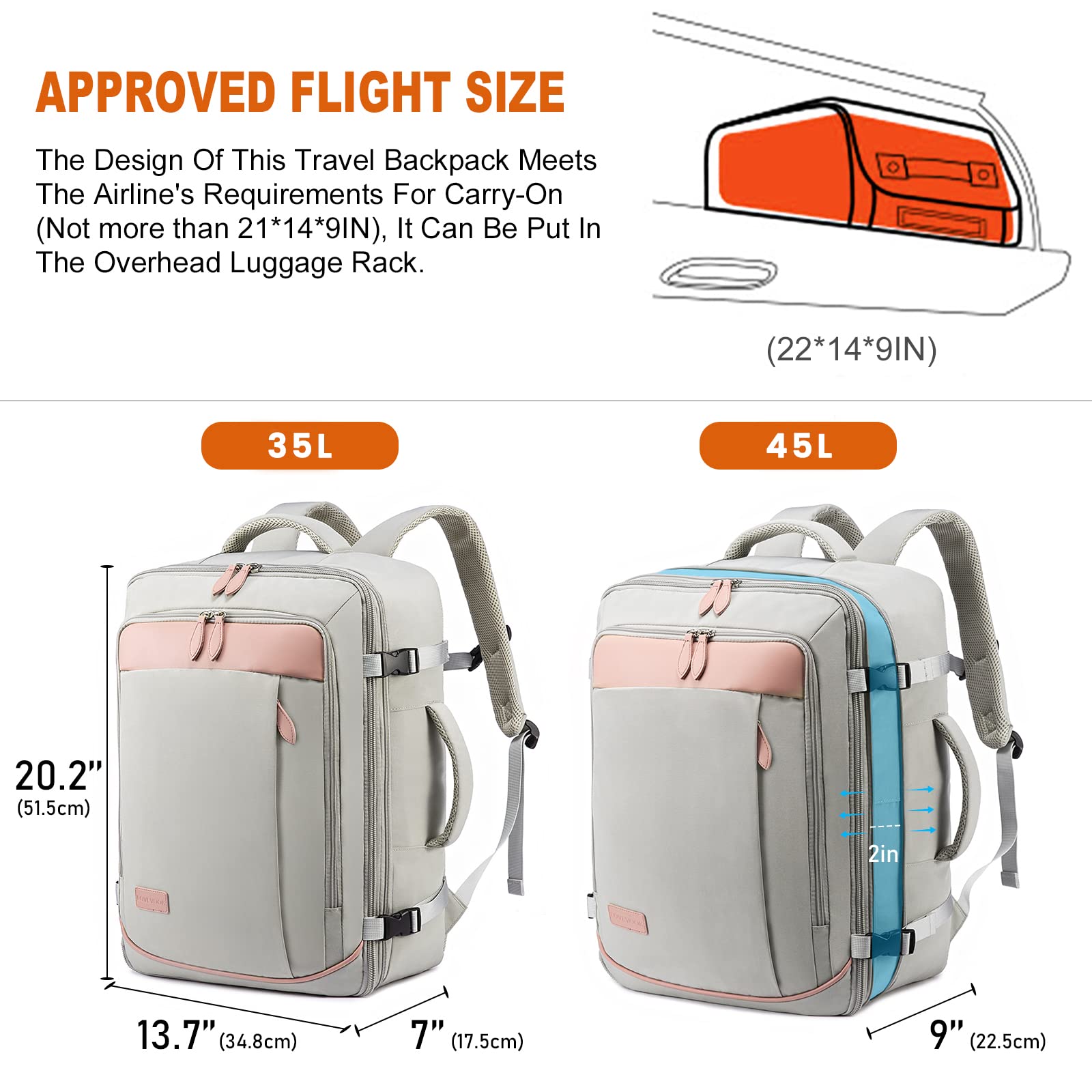 Foto 3 pulgar | Mochila Lovevook Carry On De 45 Litros Para Mujer Con 4 Cubos De Embalaje - Venta Internacional.