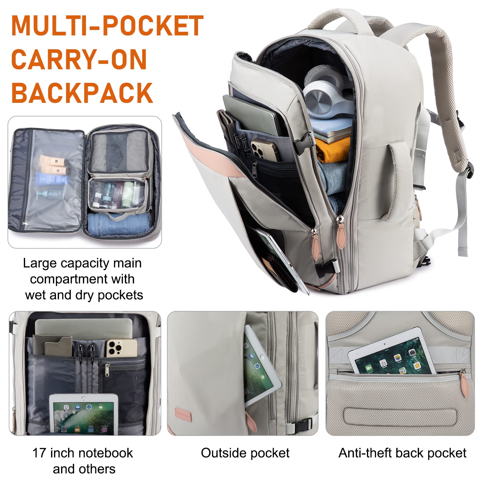 Foto 5 pulgar | Mochila Lovevook Carry On De 45 Litros Para Mujer Con 4 Cubos De Embalaje - Venta Internacional.
