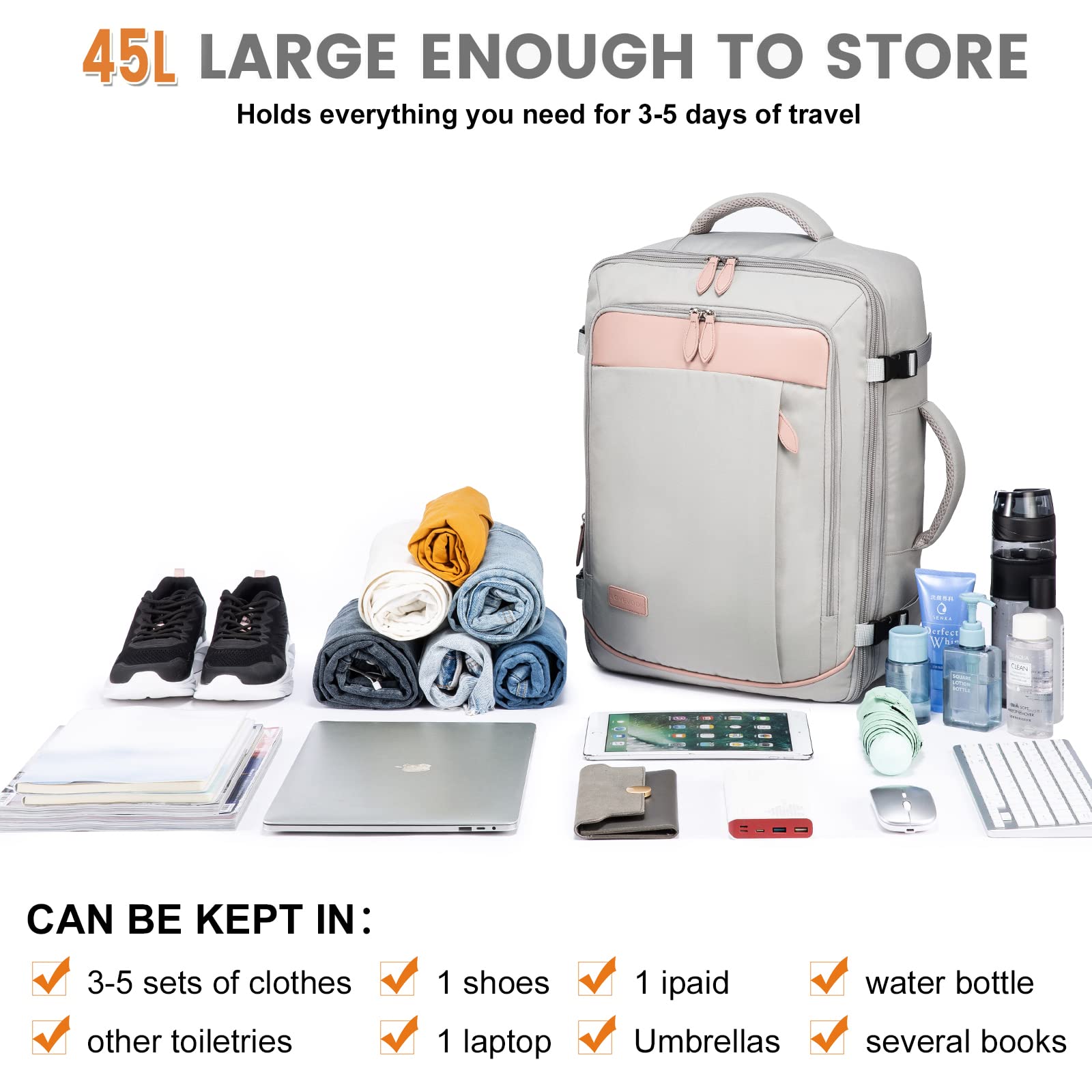 Foto 6 pulgar | Mochila Lovevook Carry On De 45 Litros Para Mujer Con 4 Cubos De Embalaje - Venta Internacional.