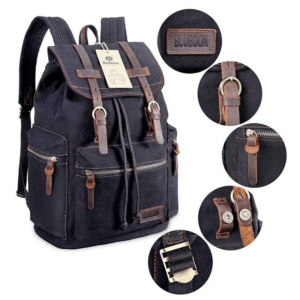 Foto 3 | Mochila Bluboon De Lona Vintage De Piel Casual Negra - Venta Internacional.