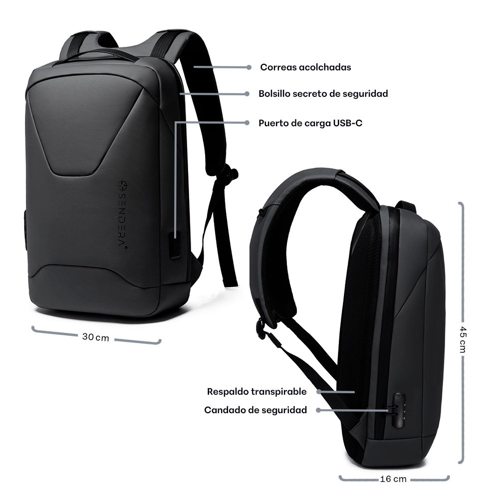 Foto 7 pulgar | Mochila para Laptop 16.5” Impermeable Sendera Negro