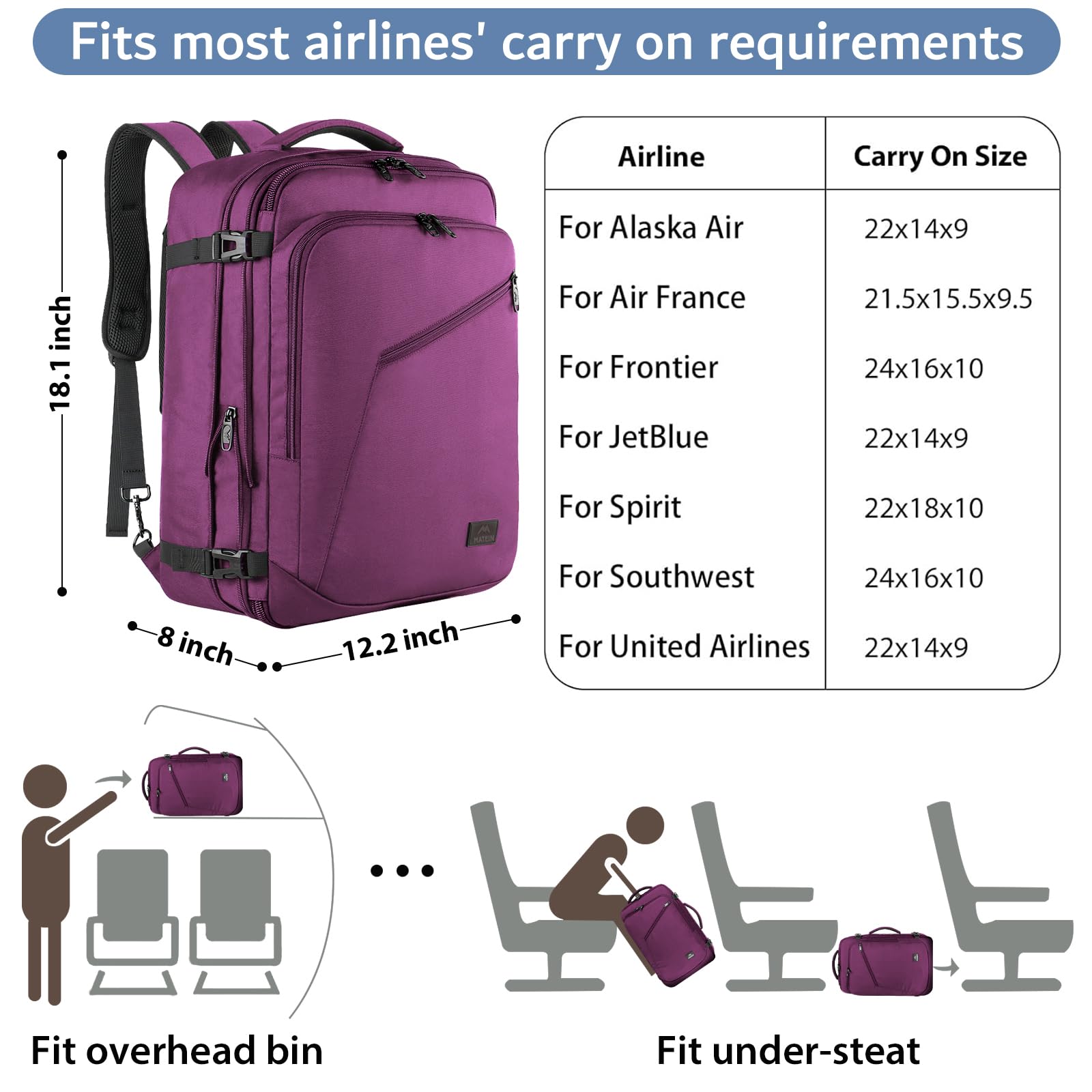 Foto 3 pulgar | Mochila Matein Carry On 27 L Para Mujer Flight Approved, Color Morado - Venta Internacional.