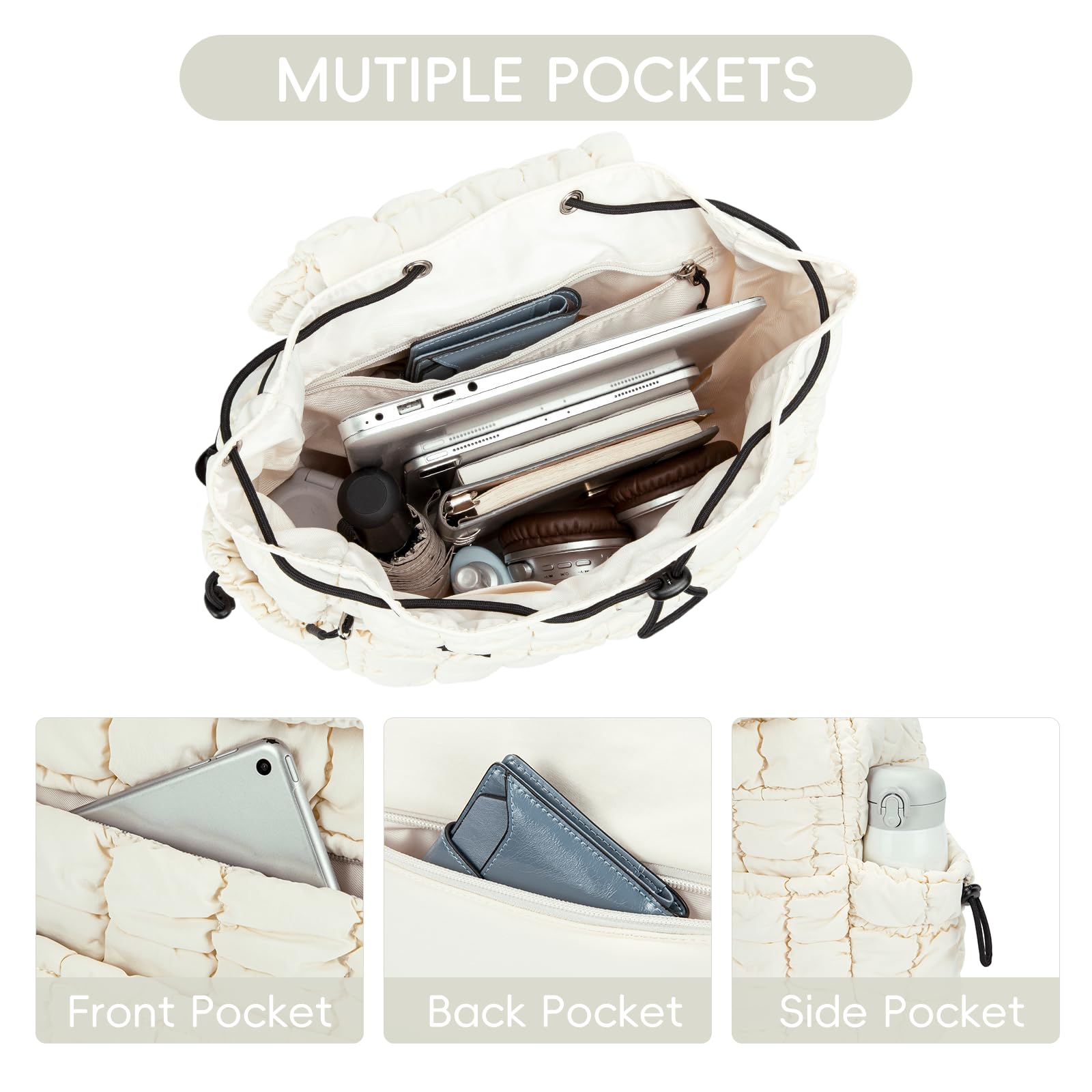 Foto 4 pulgar | Mochila Cluci Puffy Acolchada Para Mujer Ligera De Color Beige - Venta Internacional.