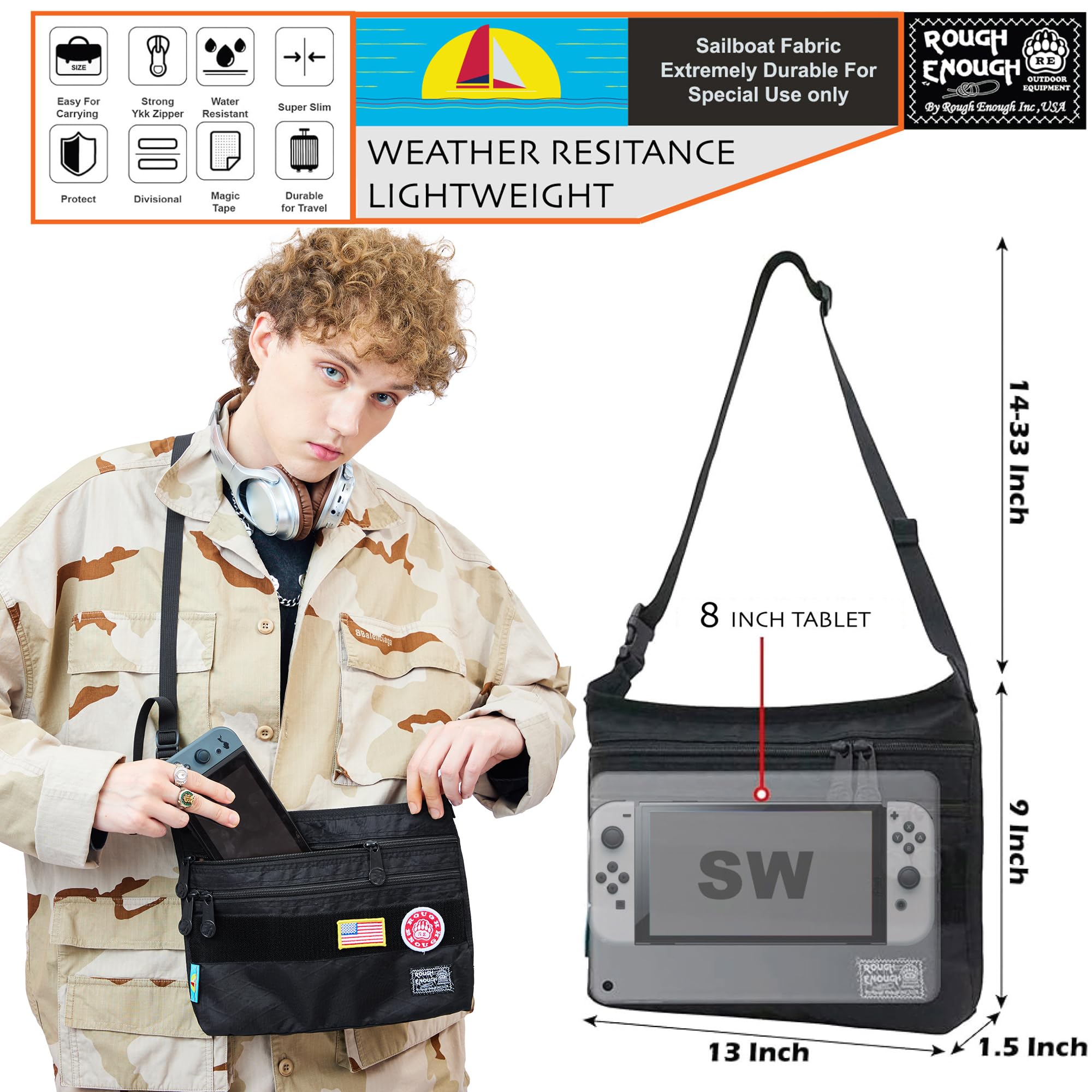 Foto 3 pulgar | Bolso Bandolera Rough Enough Negro Para Hombre Con Compartimento Para Tableta De 8 Pulgadas - Venta Internacional.