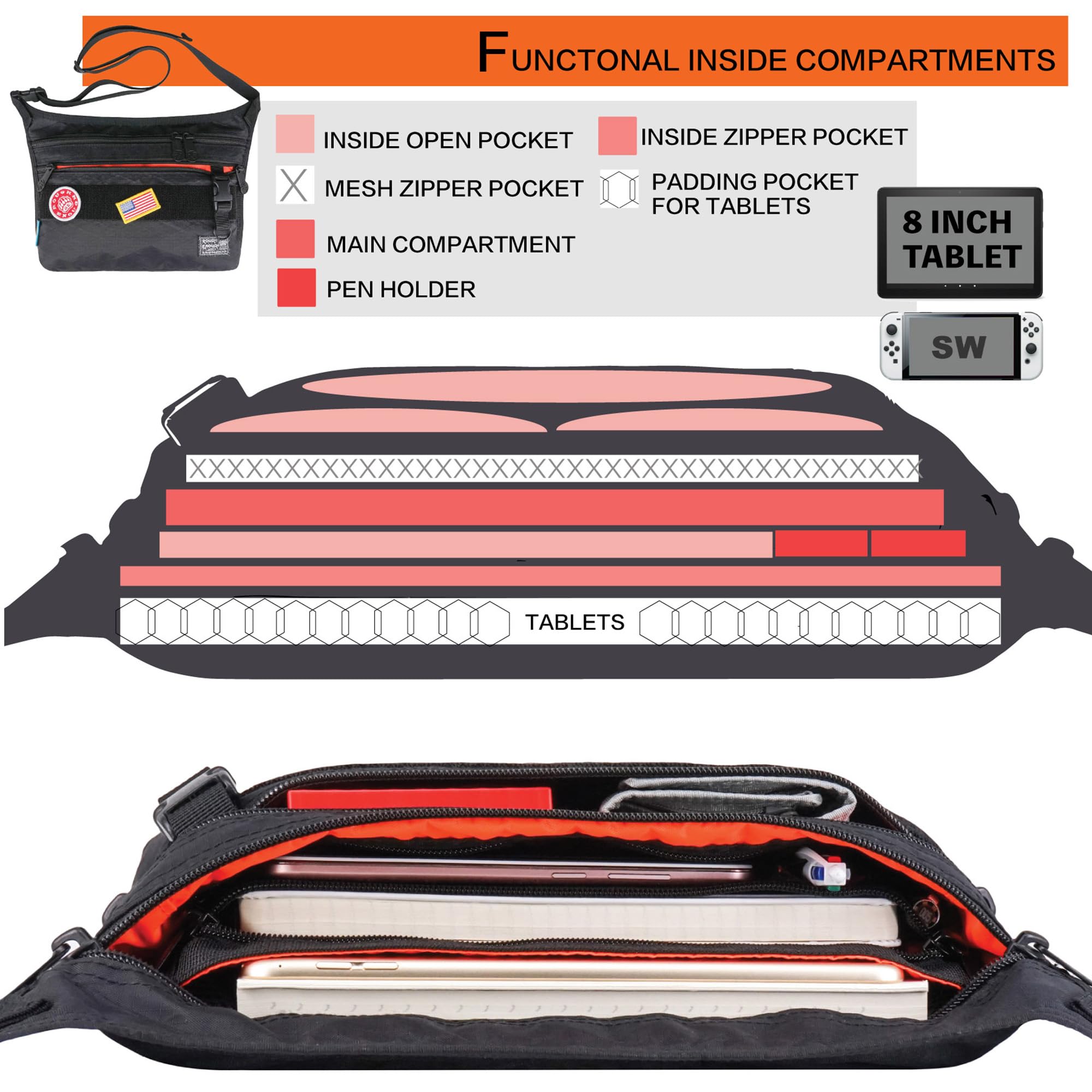 Foto 4 pulgar | Bolso Bandolera Rough Enough Negro Para Hombre Con Compartimento Para Tableta De 8 Pulgadas - Venta Internacional.