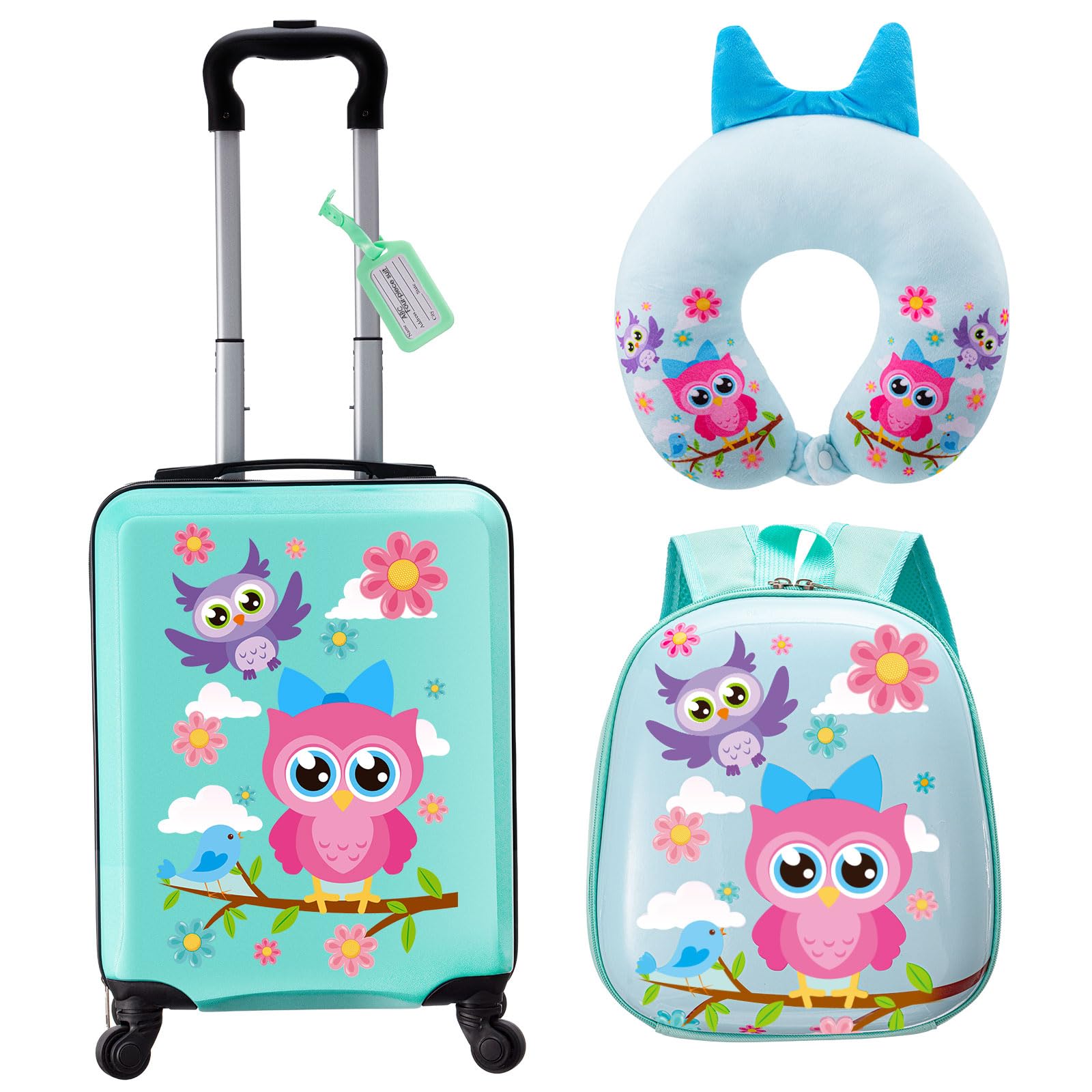 Juego de Equipaje Sanwuta Owl Enrollable de 17 Pulgadas con Mochila y Almohada