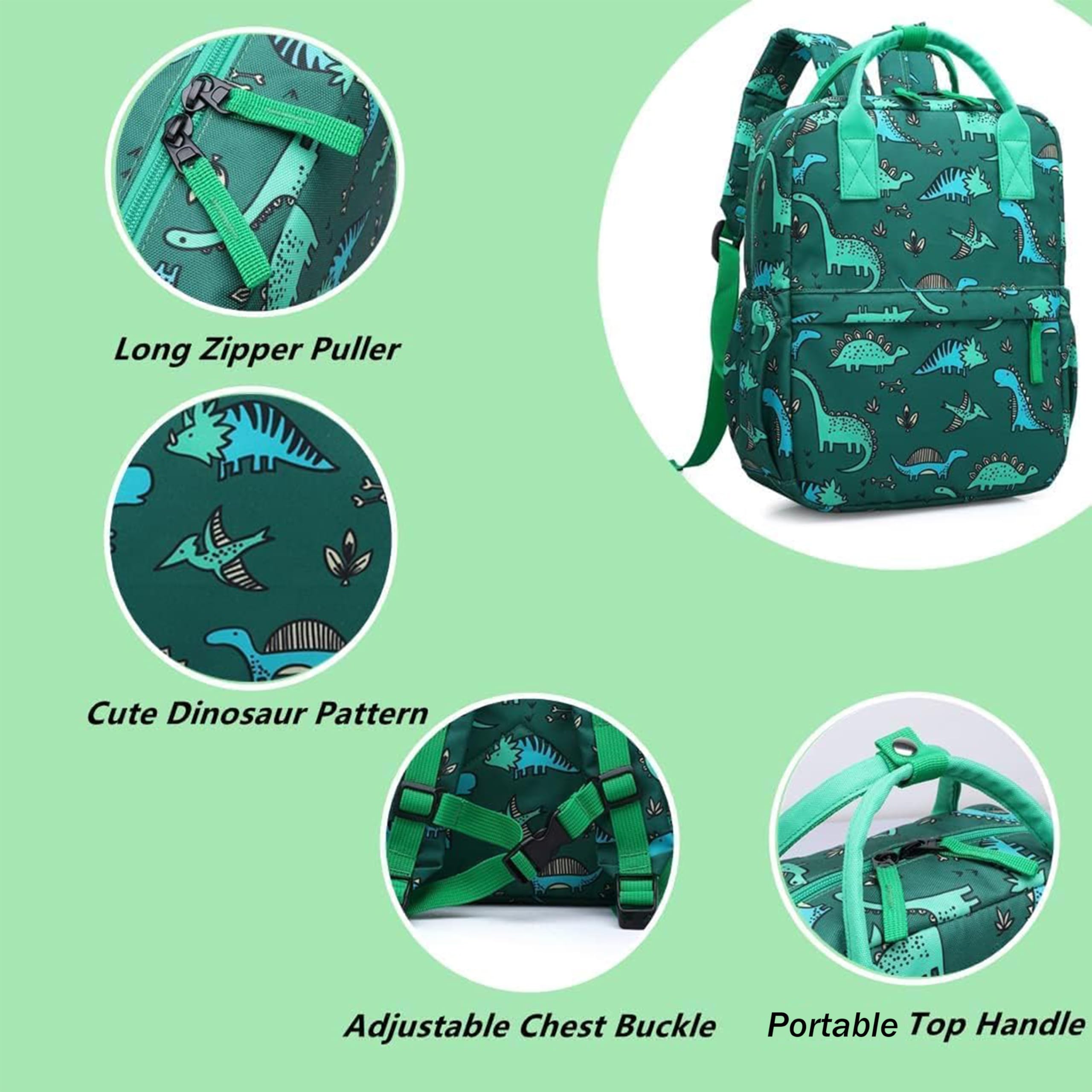 Foto 2 | Bonita Mochila Verde Diseño de Dinosaurios 12 Pulgadas - Venta Internacional