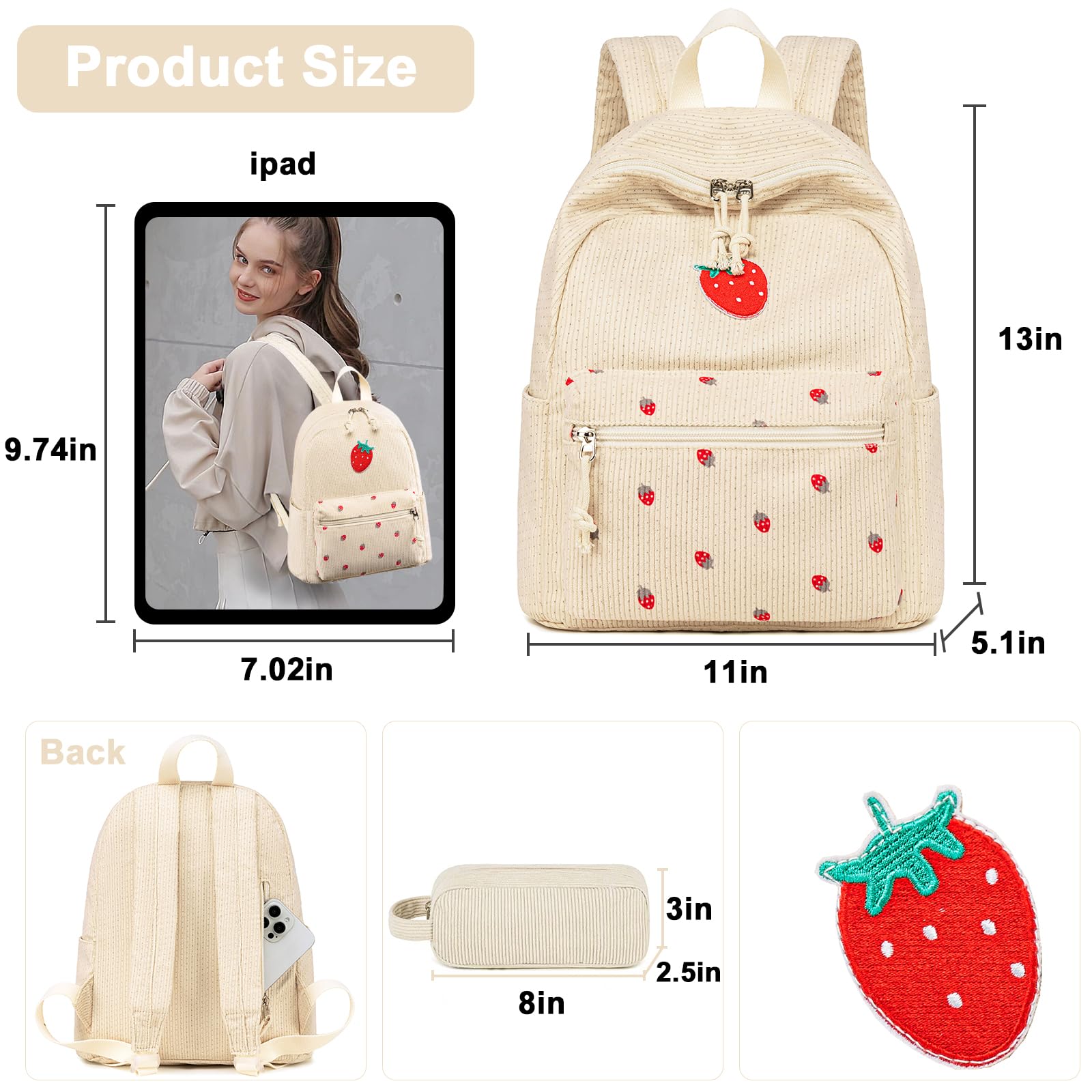 Foto 3 pulgar | Mochila Btoop Mini Corduroy Strawberry Beige para Mujer - Venta Internacional