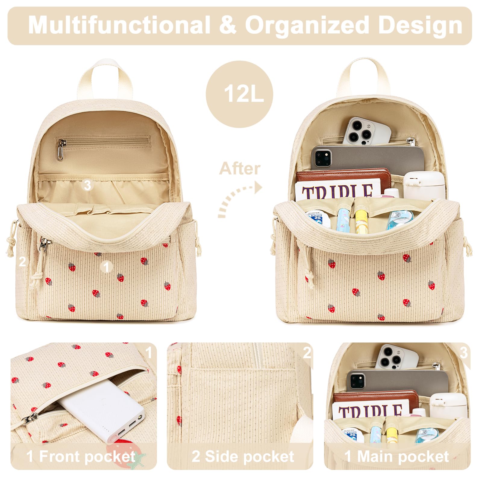 Foto 4 pulgar | Mochila Btoop Mini Corduroy Strawberry Beige para Mujer - Venta Internacional