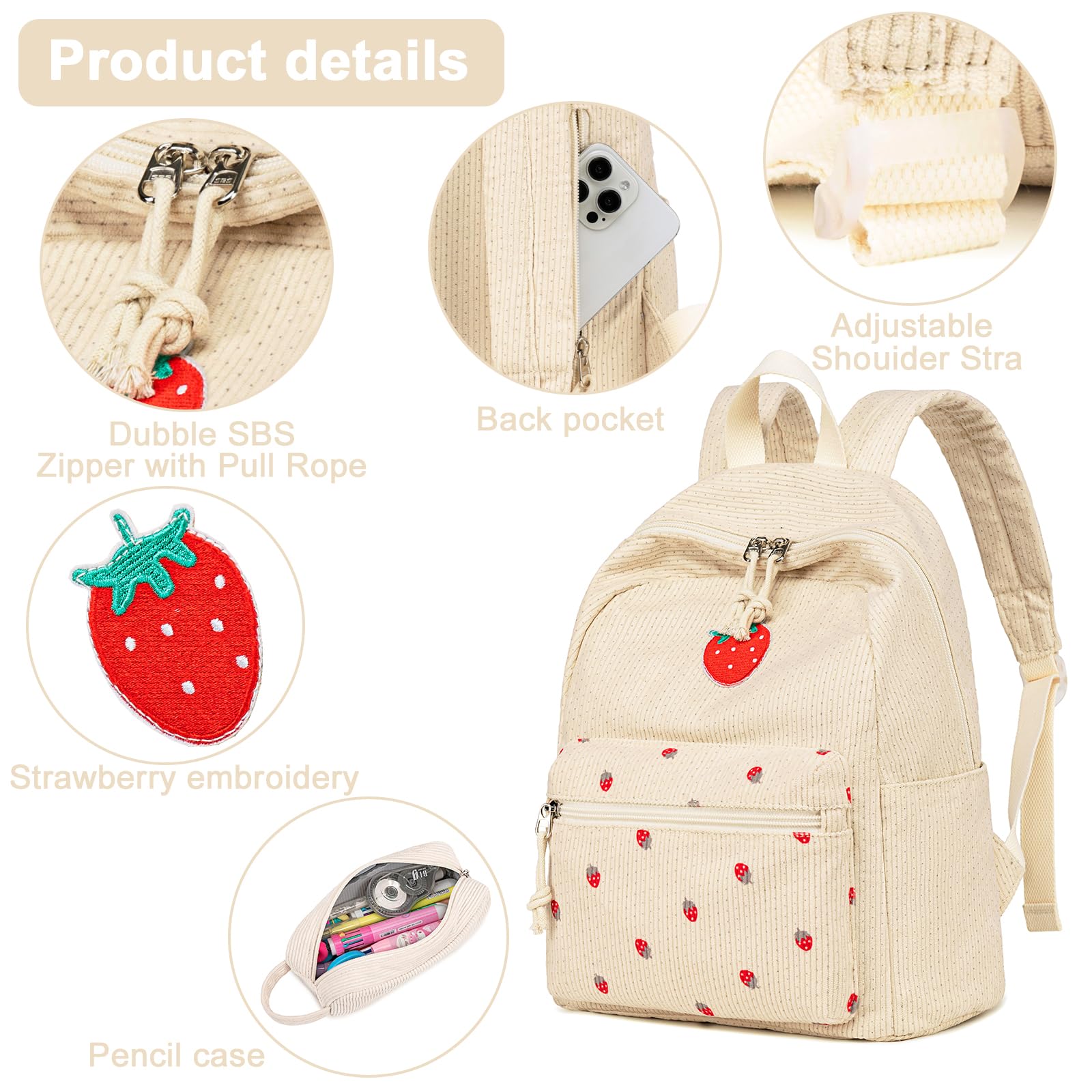 Foto 5 pulgar | Mochila Btoop Mini Corduroy Strawberry Beige para Mujer - Venta Internacional