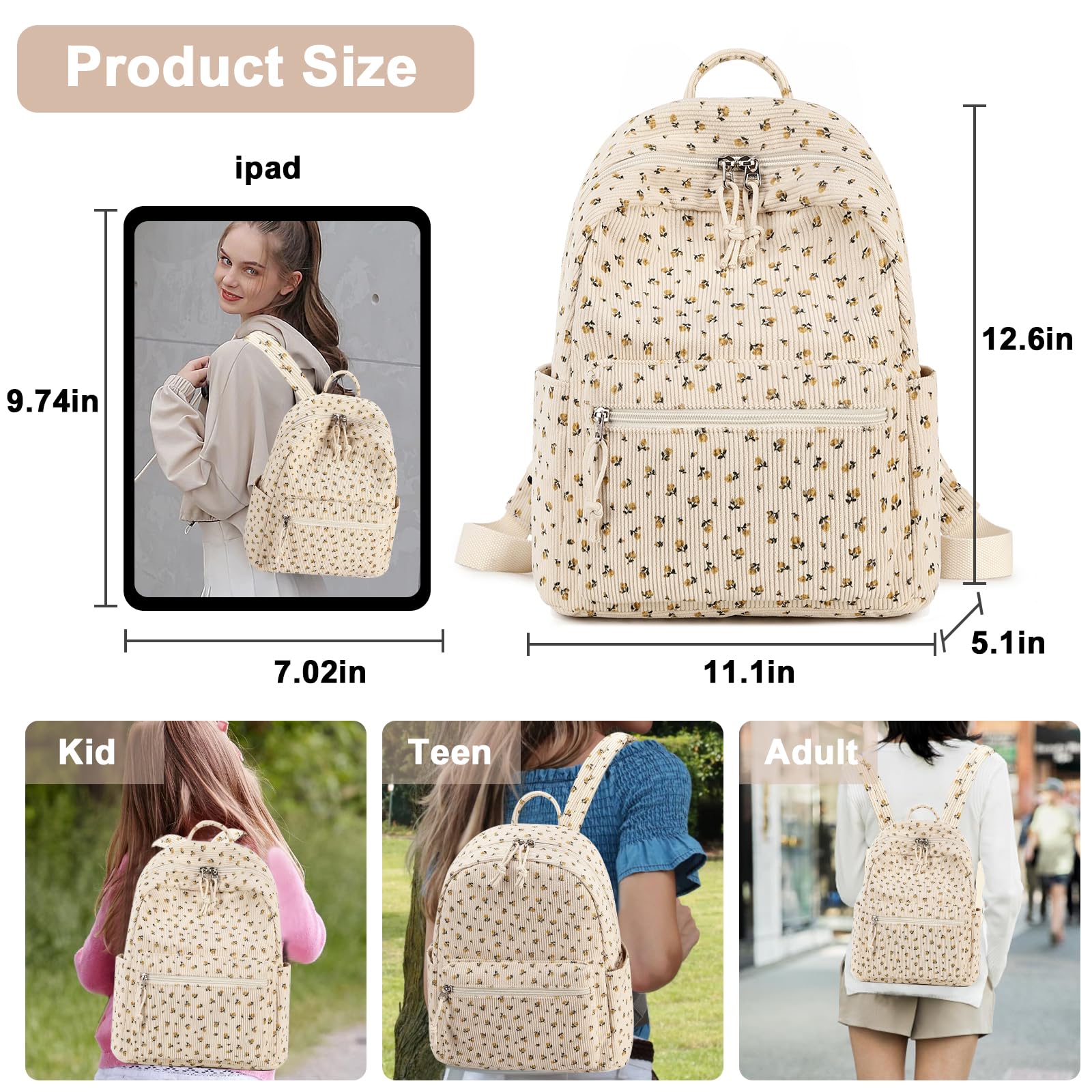Foto 3 pulgar | Mini Mochila de Pana Beige con Estampado Floral para Mujer