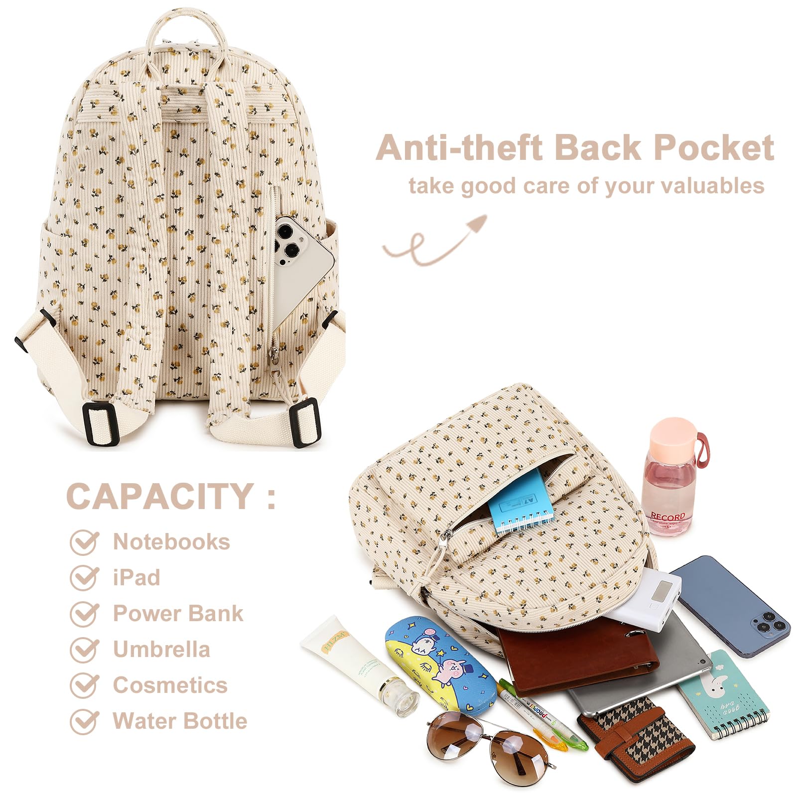 Foto 4 pulgar | Mini Mochila de Pana Beige con Estampado Floral para Mujer