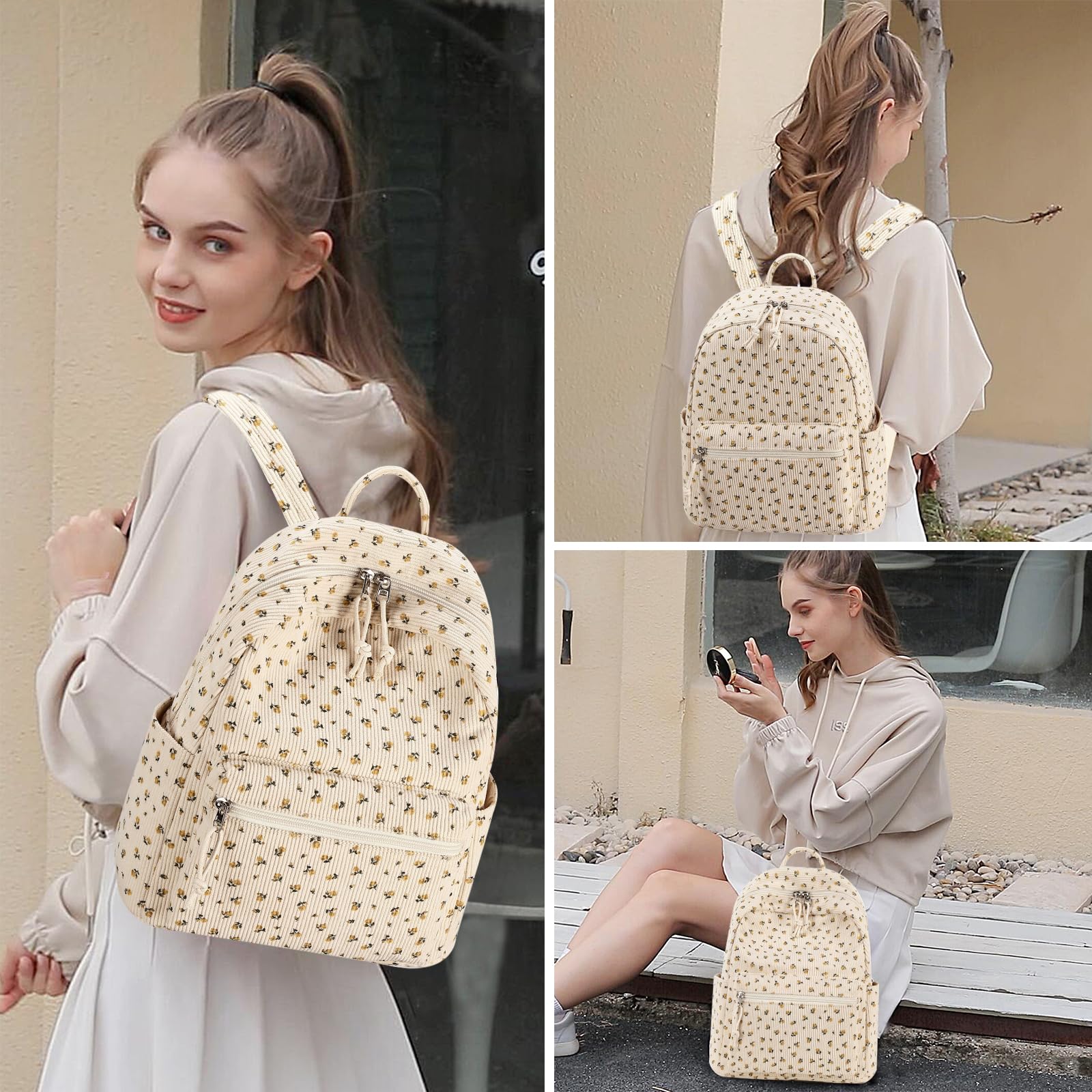 Foto 6 pulgar | Mini Mochila de Pana Beige con Estampado Floral para Mujer
