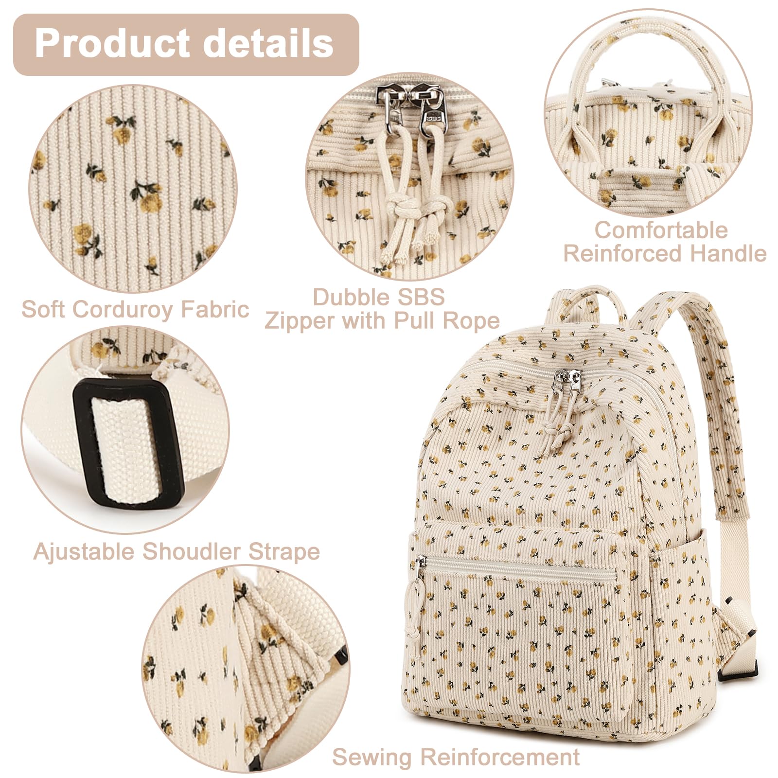 Foto 7 pulgar | Mini Mochila de Pana Beige con Estampado Floral para Mujer