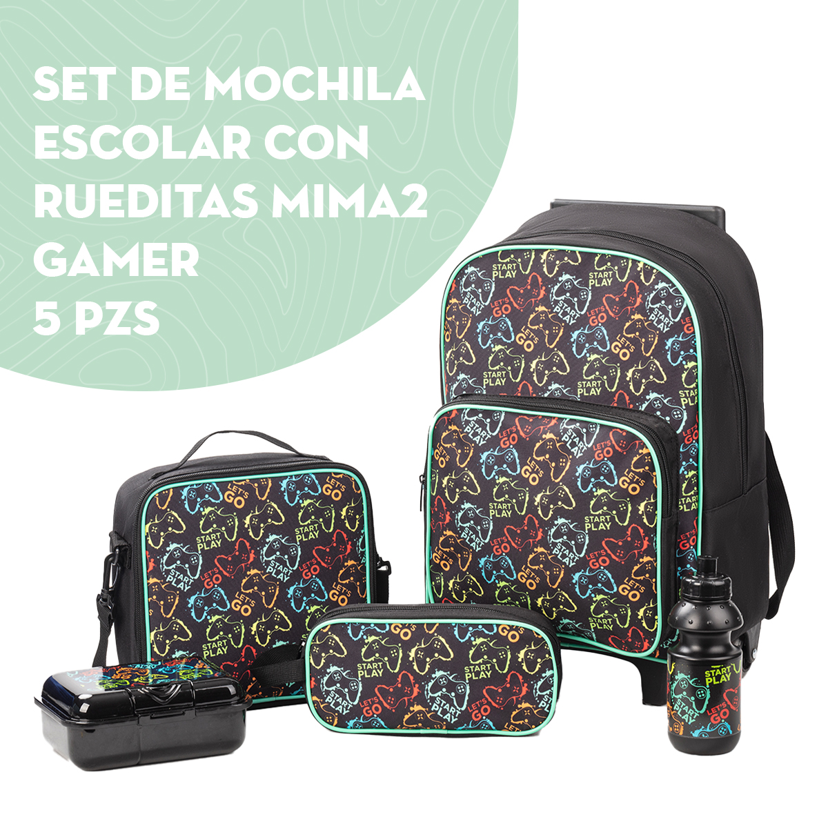 Foto 3 pulgar | Set de Mochila Escolar Con Rueditas Mima2 Gamer 5 Piezas