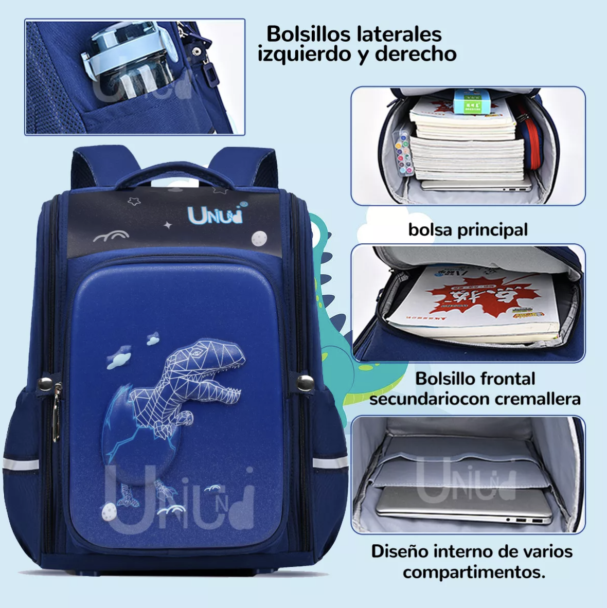 Foto 4 pulgar | Mochila Escolar de Dinosaurios 3D Azul 25 l Impermeable para Niños