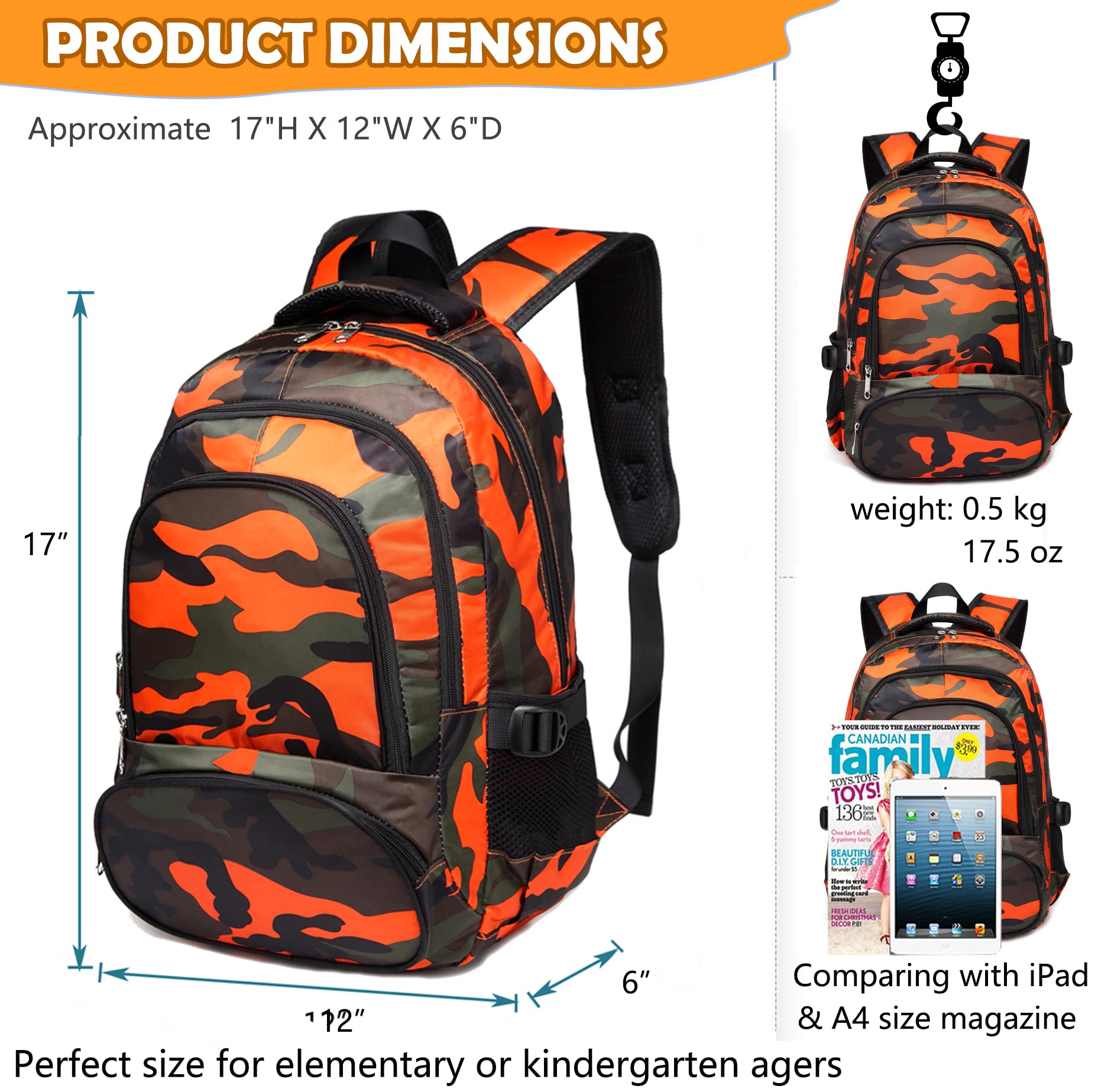Foto 2 | Mochila Escolar Bluefairy Naranja Camuflado para Niños - Venta Internacional