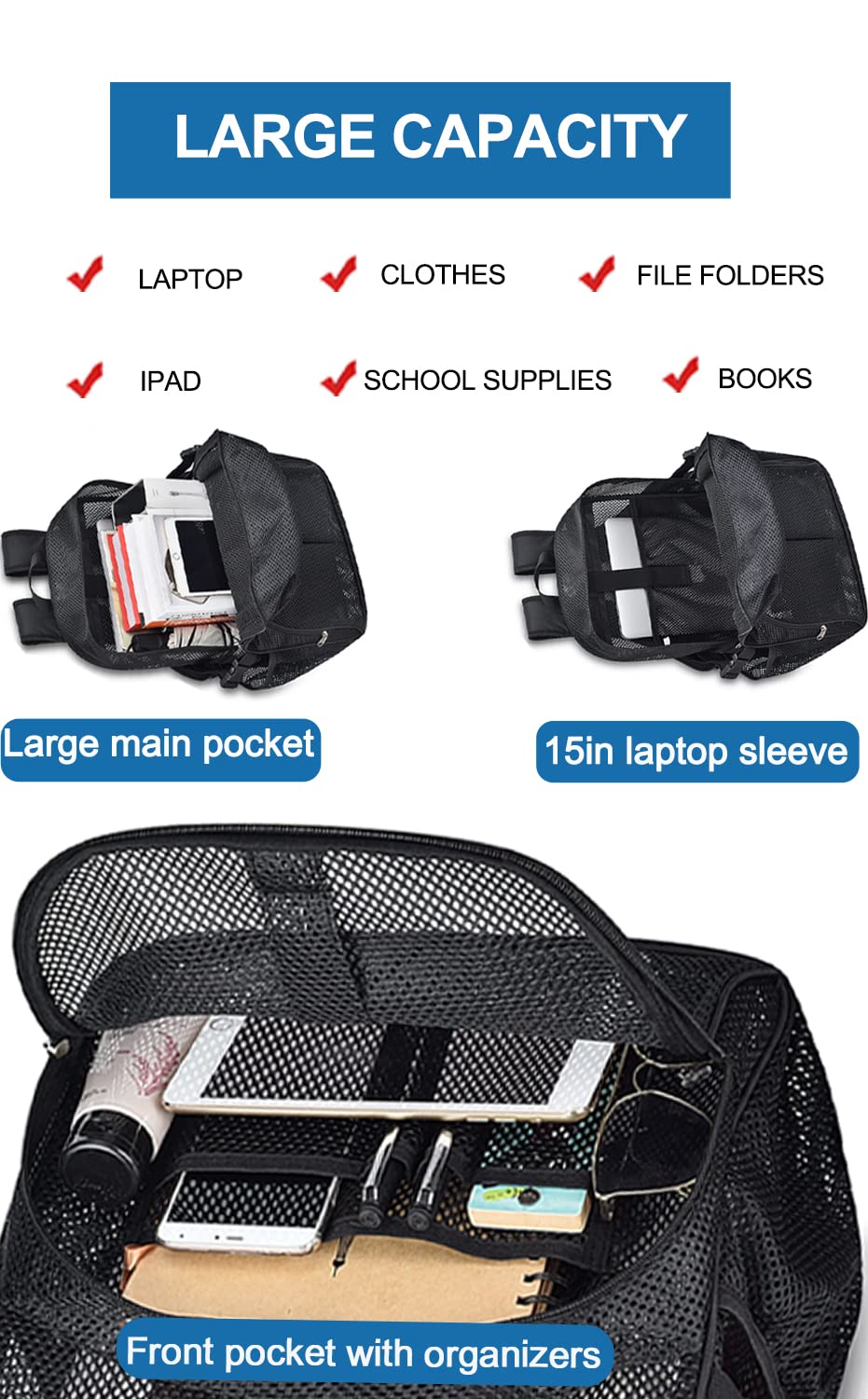 Foto 7 pulgar | Mochila Busiuw Heavy Duty Mesh con Compartimento para Portátil - Venta Internacional