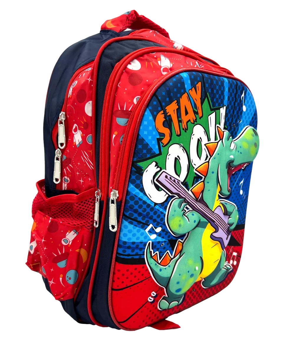 Mochila Escolar Infantil 3d Con Luz Diseño Dinosaurio Guitarra Rojo