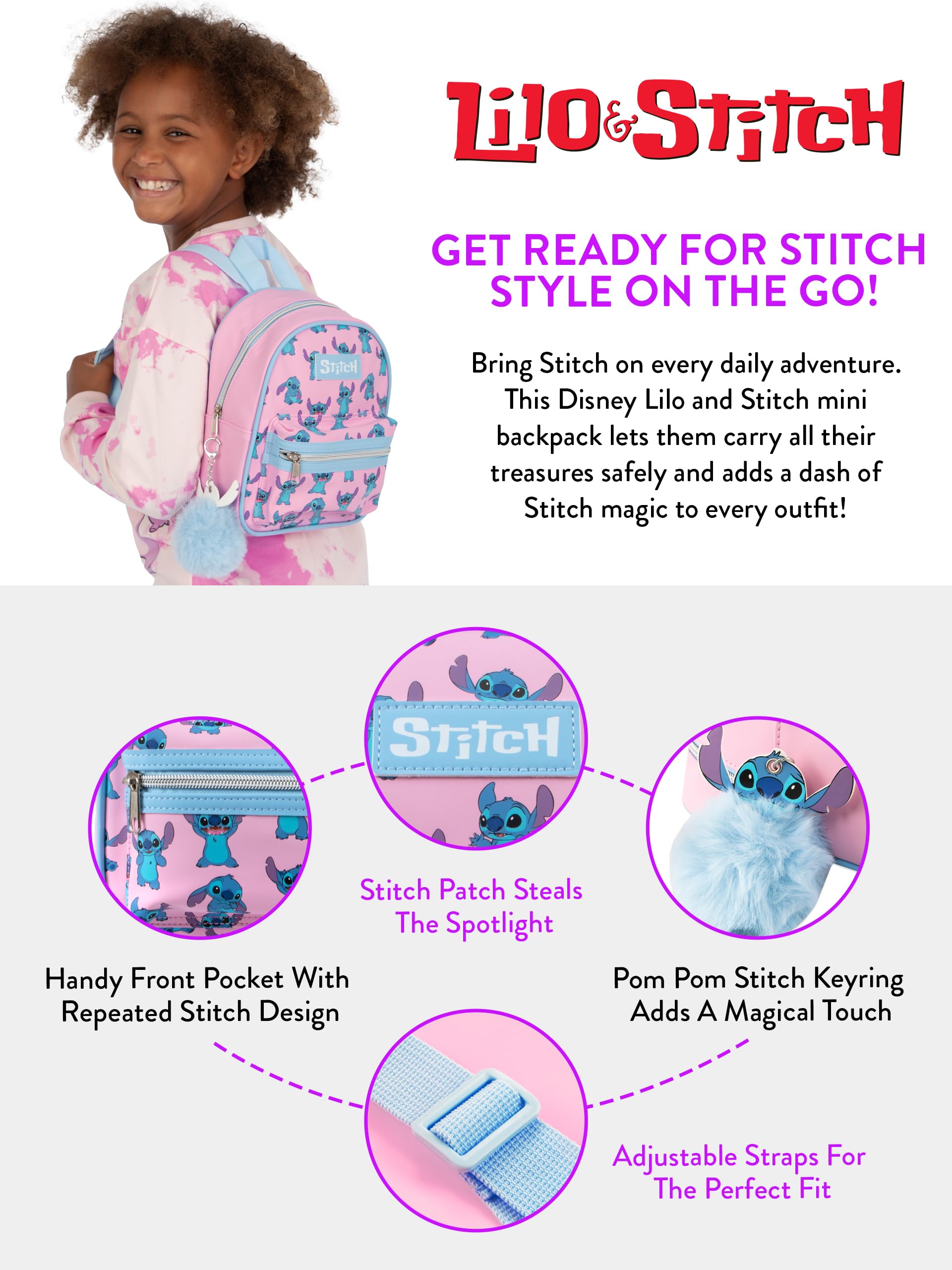Foto 7 pulgar | Minimochila Disney Stitch Para Niñas Rosa Con Llavero - Venta Internacional.
