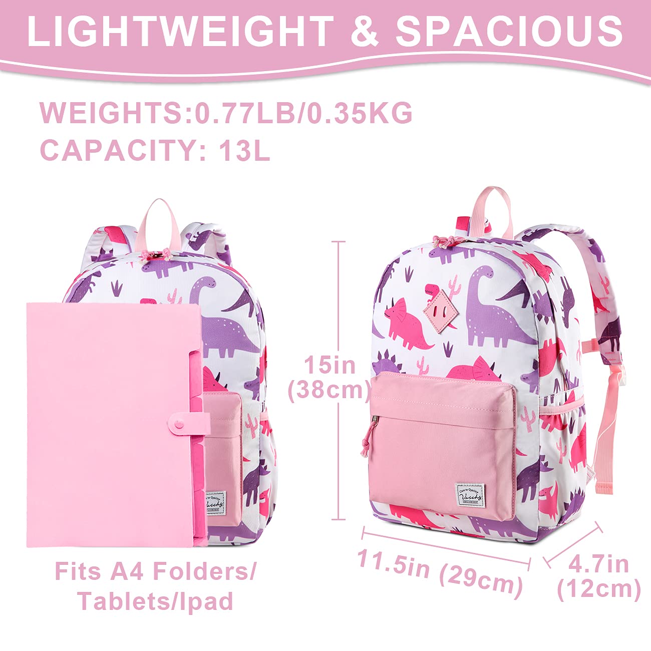 Foto 3 pulgar | Mochila Vaschy Kids con Diseño de Dinosaurio Rosa 38 cm - Venta Internacional