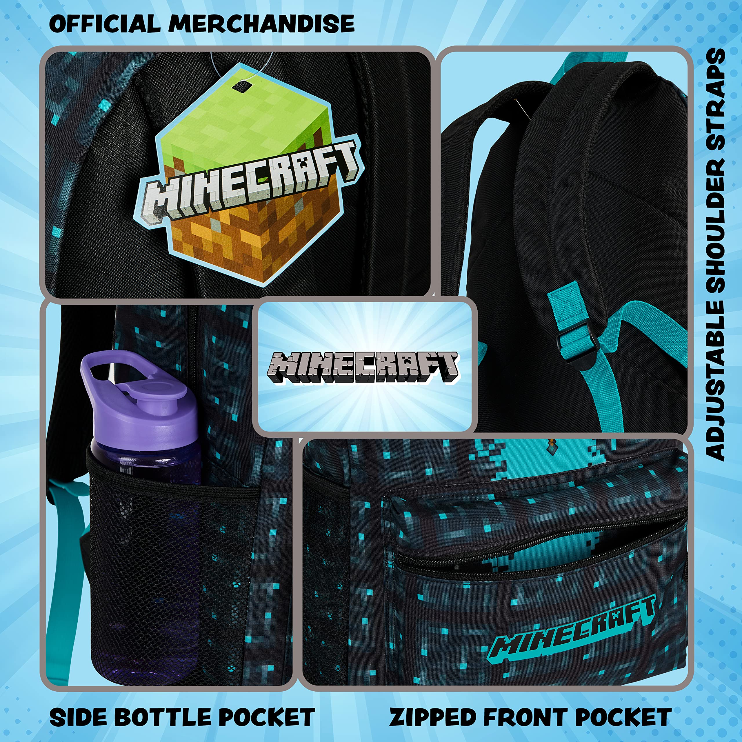 Foto 4 pulgar | Mochila Escolar Minecraft Kids con Bolsillo Frontal Azul - Venta Internacional