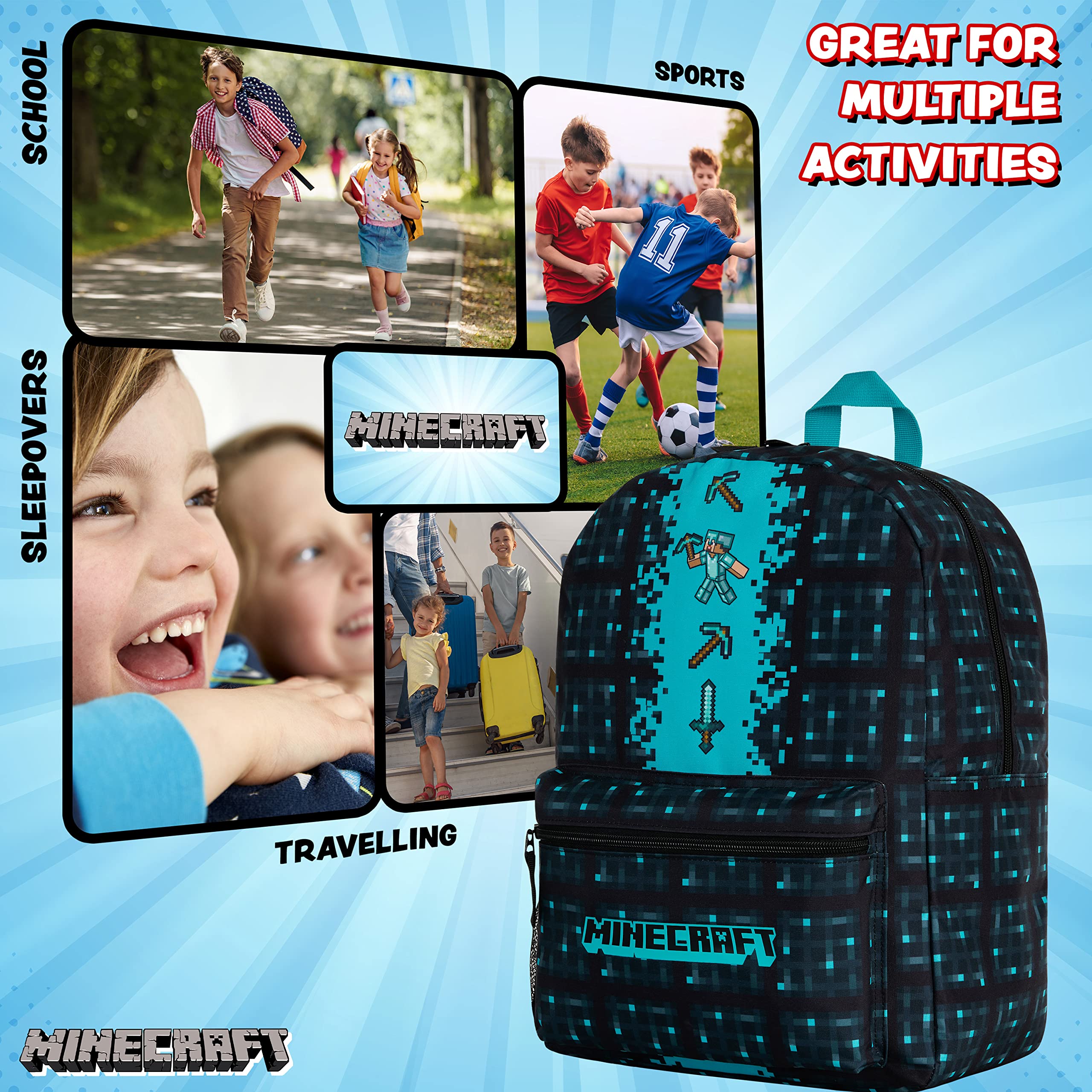 Foto 6 pulgar | Mochila Escolar Minecraft Kids con Bolsillo Frontal Azul - Venta Internacional