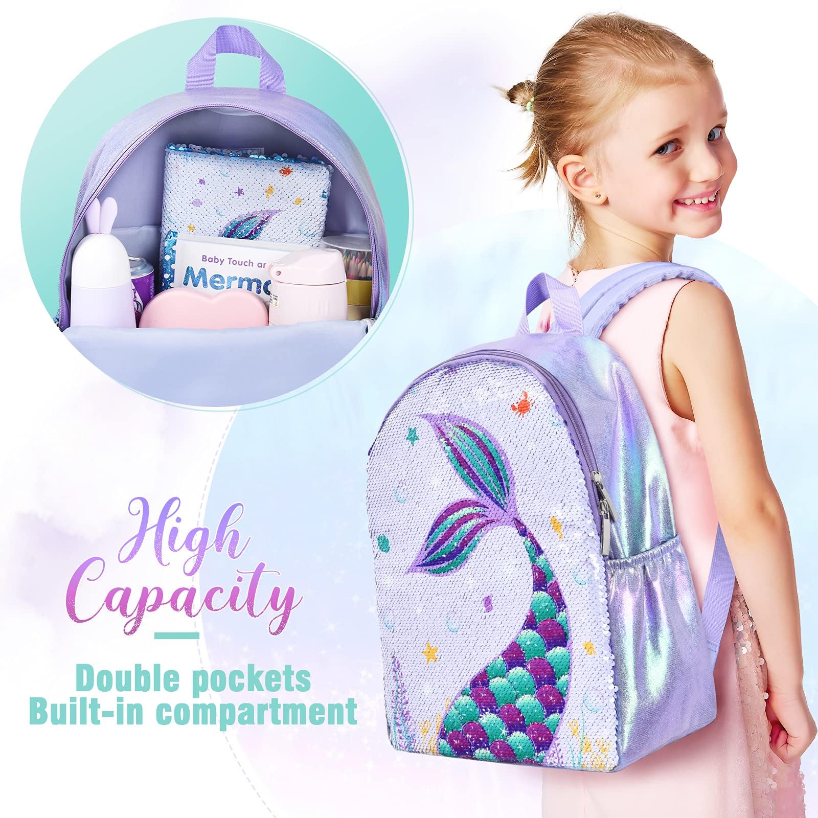 Foto 4 pulgar | Mochila Wernnsai Sparkly Girls Mermaid Kids 38 X 30 X 12 cm - Venta Internacional