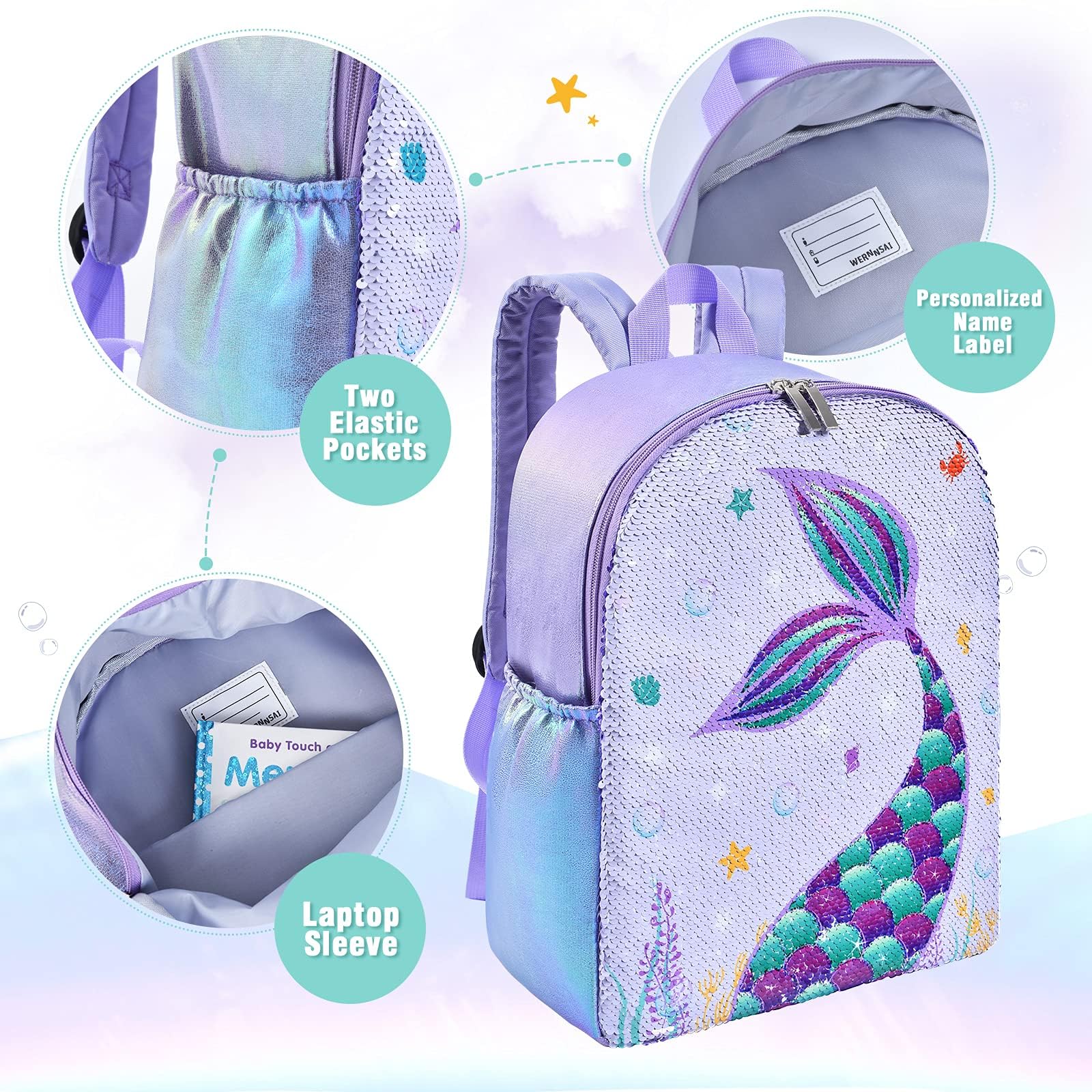 Foto 5 pulgar | Mochila Wernnsai Sparkly Girls Mermaid Kids 38 X 30 X 12 cm - Venta Internacional