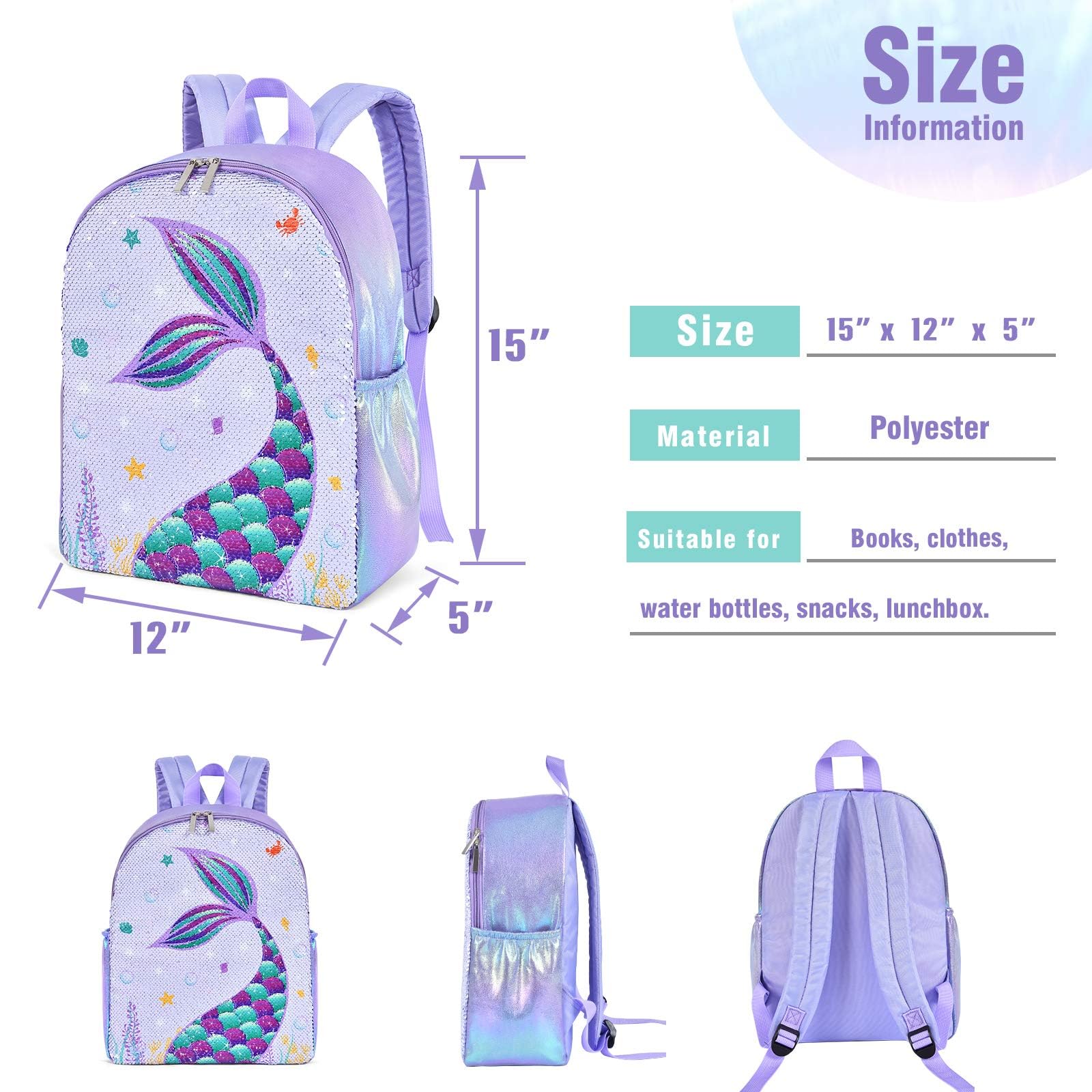 Foto 8 pulgar | Mochila Wernnsai Sparkly Girls Mermaid Kids 38 X 30 X 12 cm - Venta Internacional