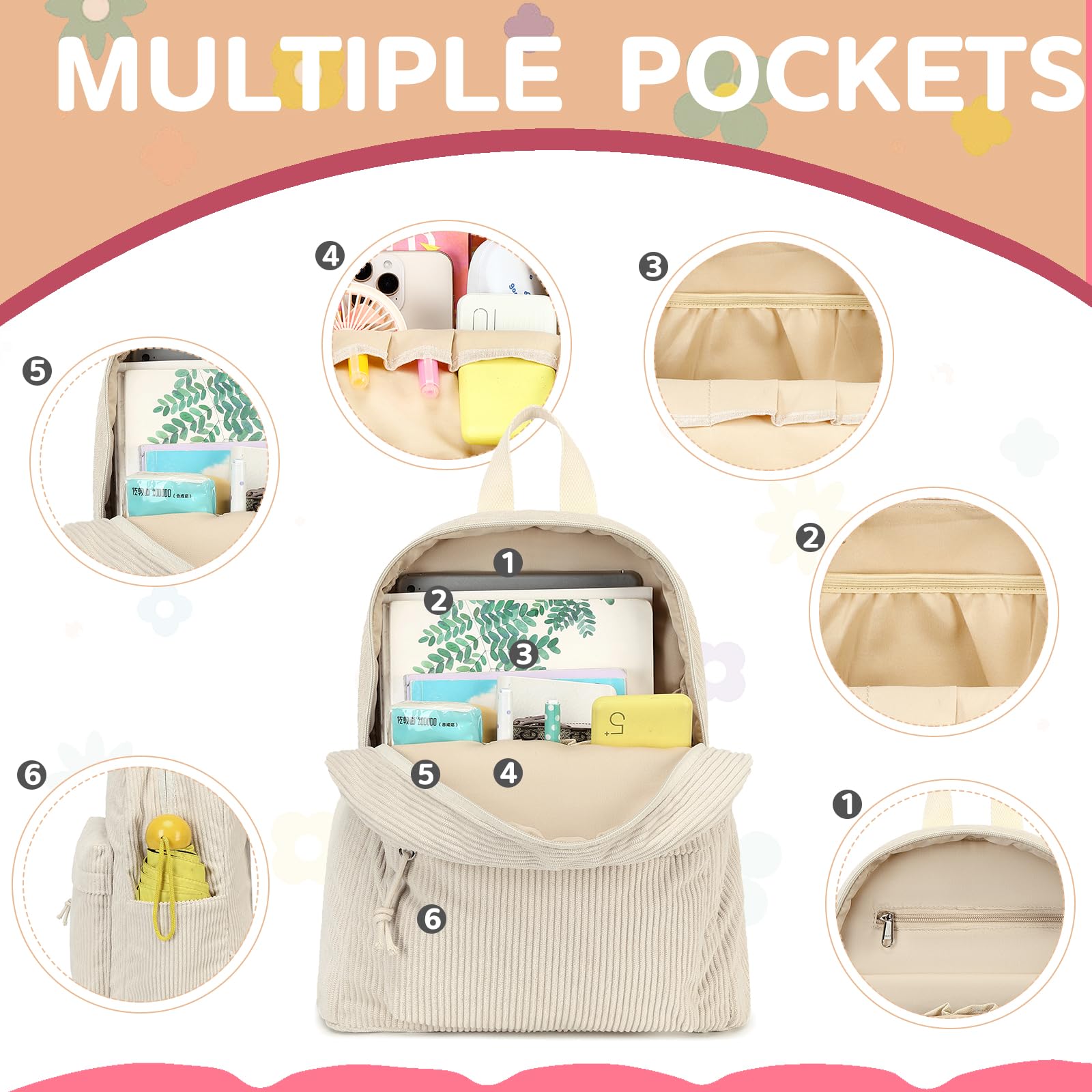 Foto 8 pulgar | Mochila Bluboon Mini Para Niñas Pequeñas Con Estampado Floral De Pana - Venta Internacional.