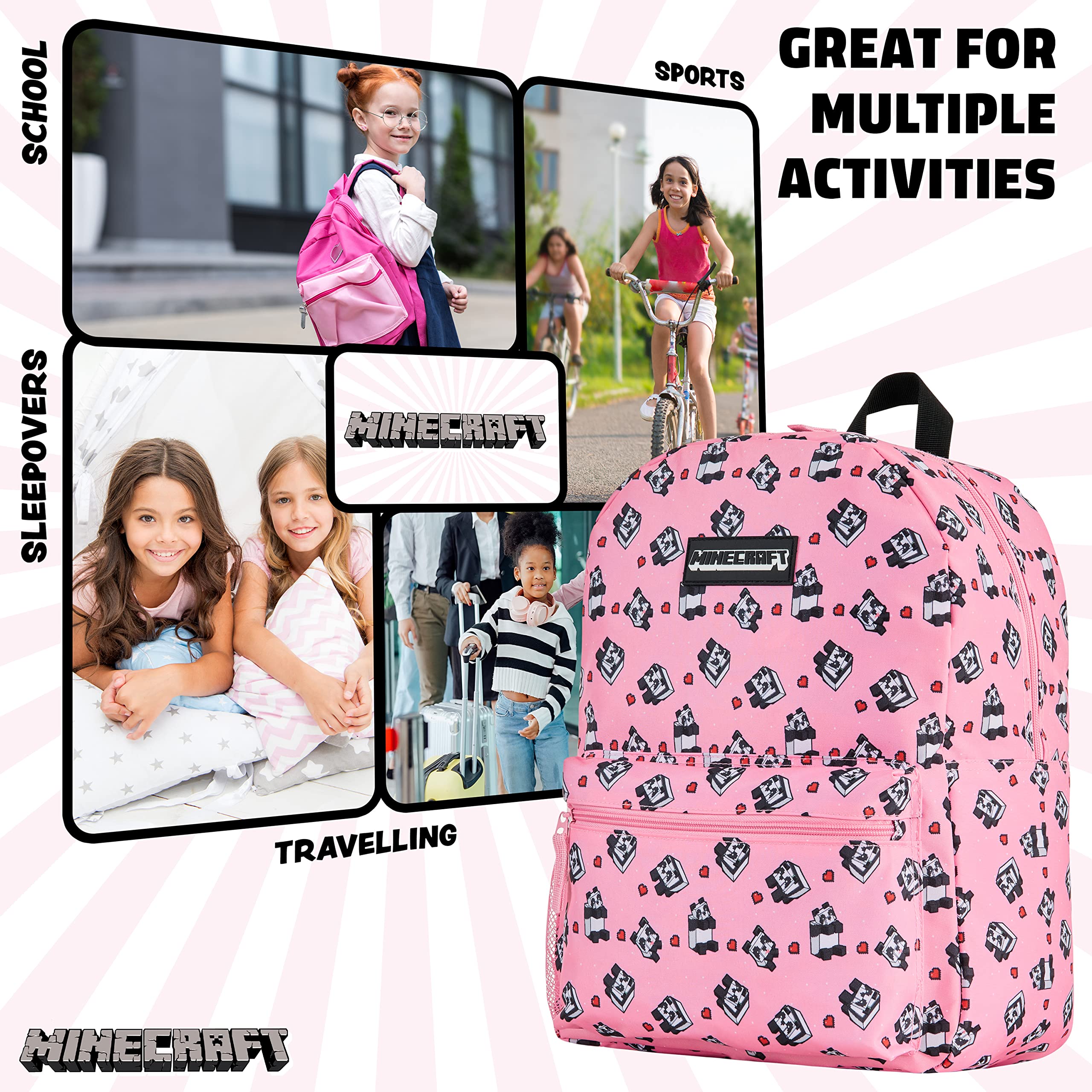 Foto 6 pulgar | Mochila Escolar Minecraft Kids Con Bolsillo Frontal Rosa - Venta Internacional.