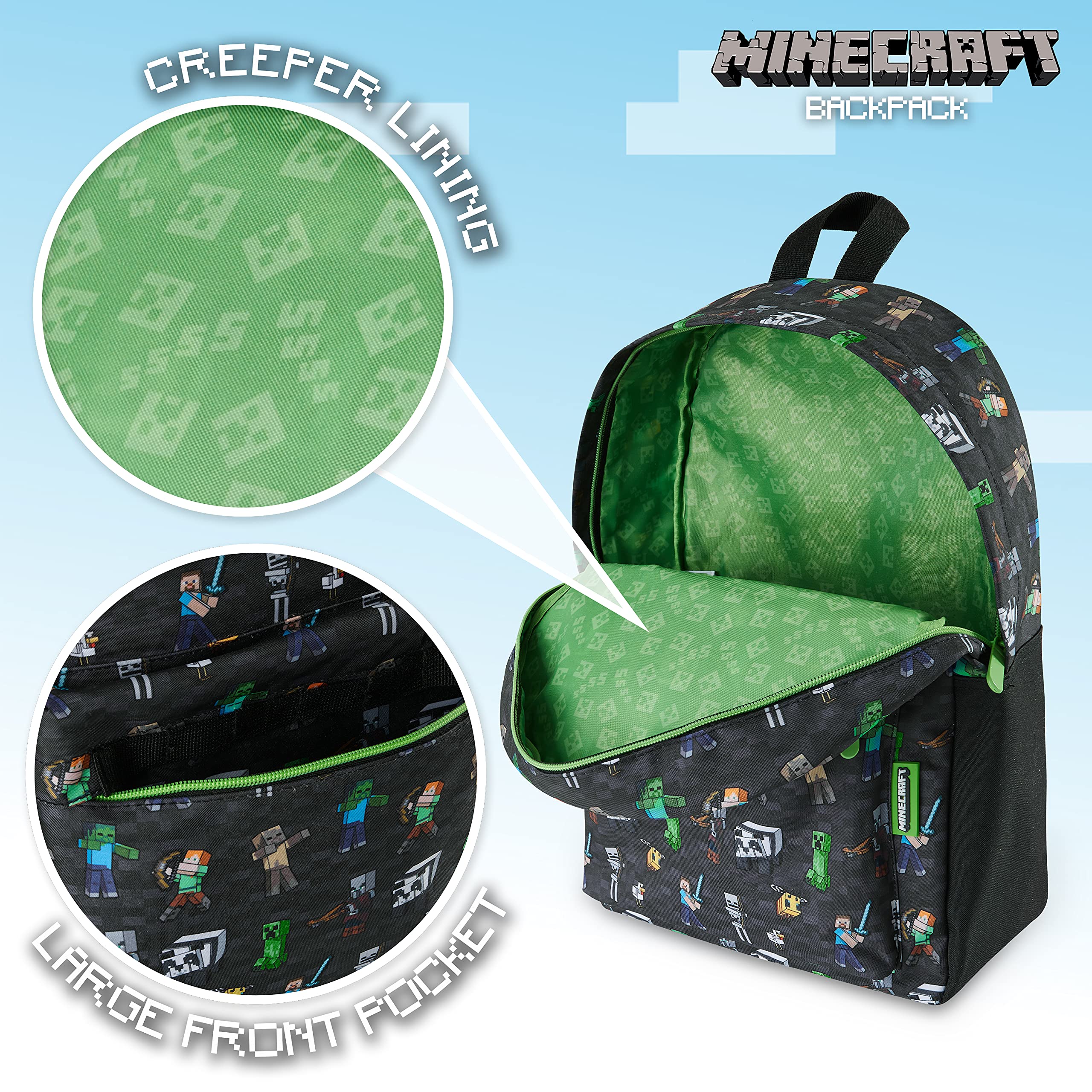 Foto 6 pulgar | Mochila Escolar Minecraft Kids Con Bolsillo Frontal Black App - Venta Internacional.