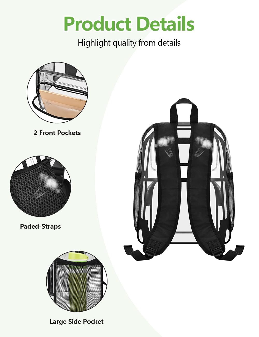 Foto 5 pulgar | Mochila Transparente May Tree, Bolsa Transparente Para Eventos De Estadio, Negra - Venta Internacional.