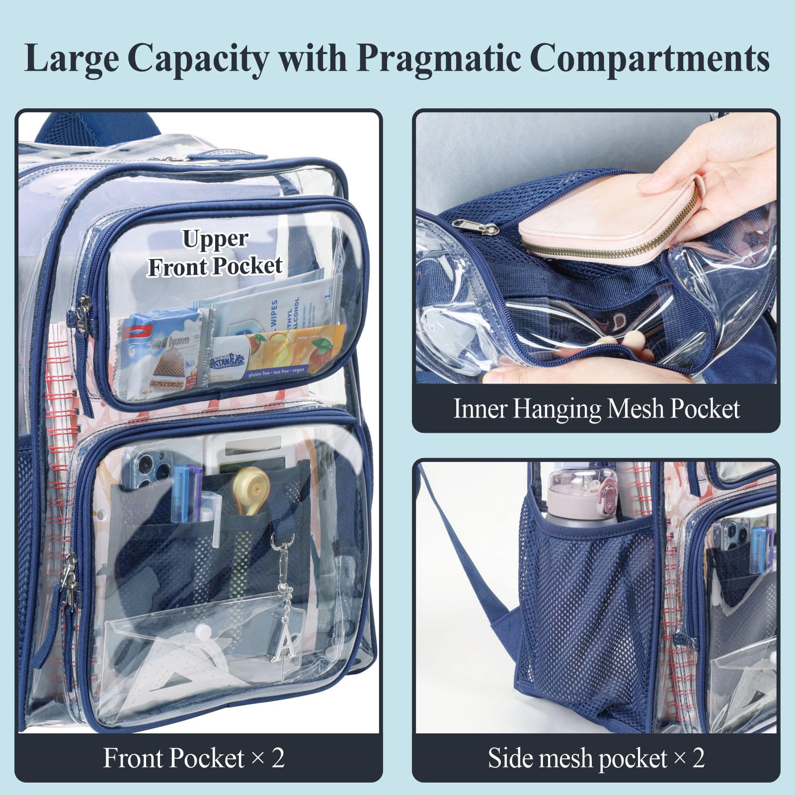 Foto 4 | Mochila Transparente Packism De 17 Pulgadas, Grande, Para La Escuela, Azul Marino - Venta Internacional.