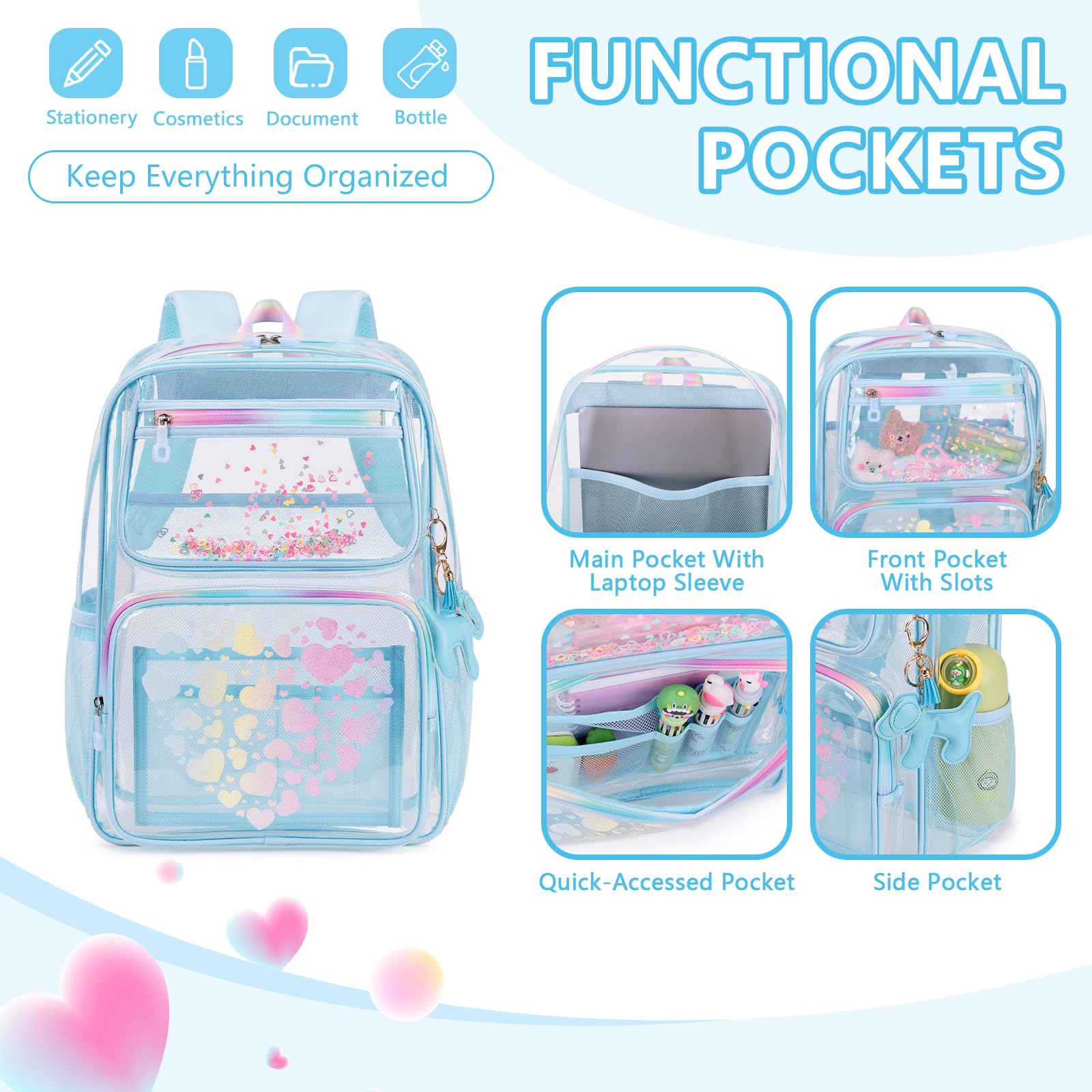 Foto 4 pulgar | Mochila Transparente Moonbaby Lovely Para Niñas En Edad Escolar Azul - Venta Internacional.