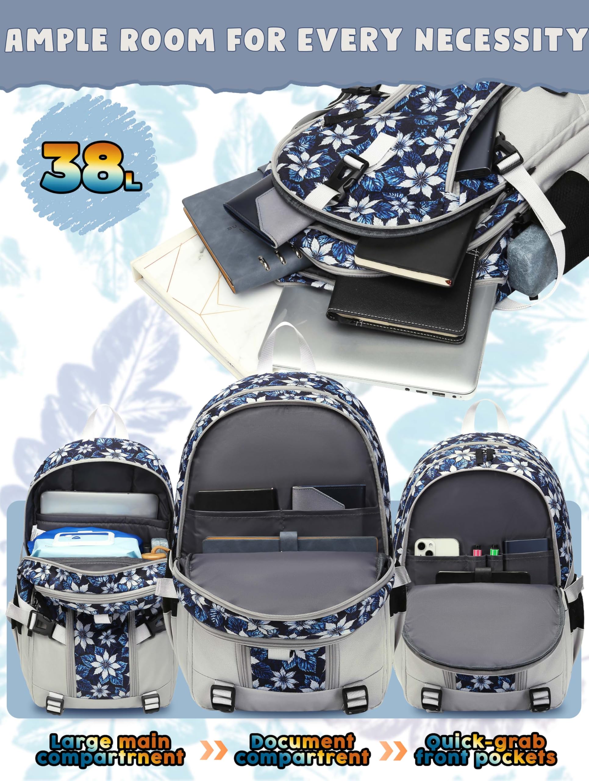 Foto 4 pulgar | Mochila Bluefairy Floral para Portátil 15.6 Pulgadas Gris - Venta Internacional