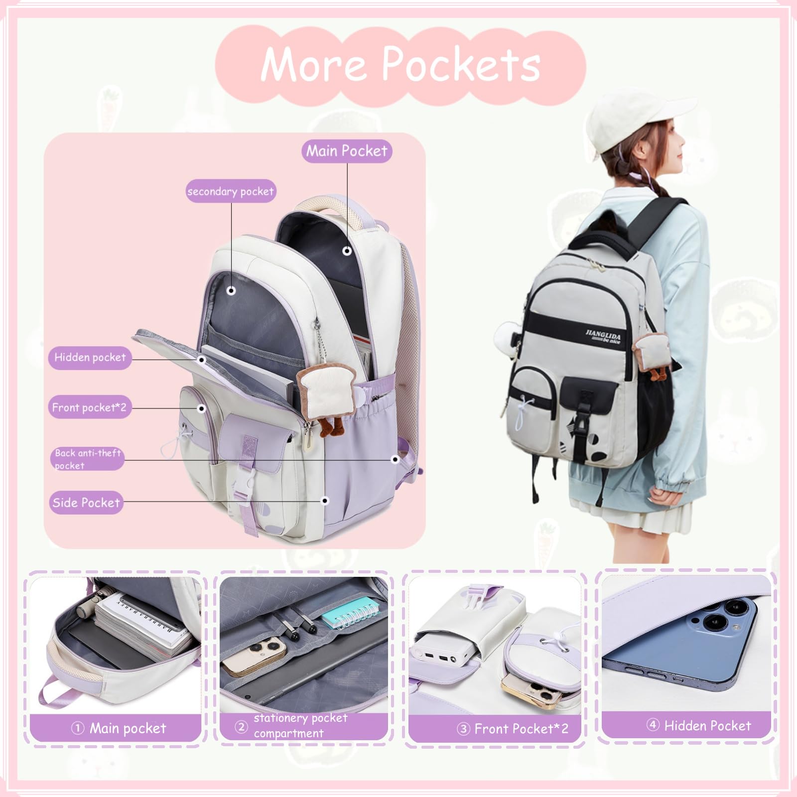 Foto 5 pulgar | Mochila Vidoscla De Nailon Para Niñas Adolescentes Con Bloques De Color De 20 Litros - Venta Internacional.