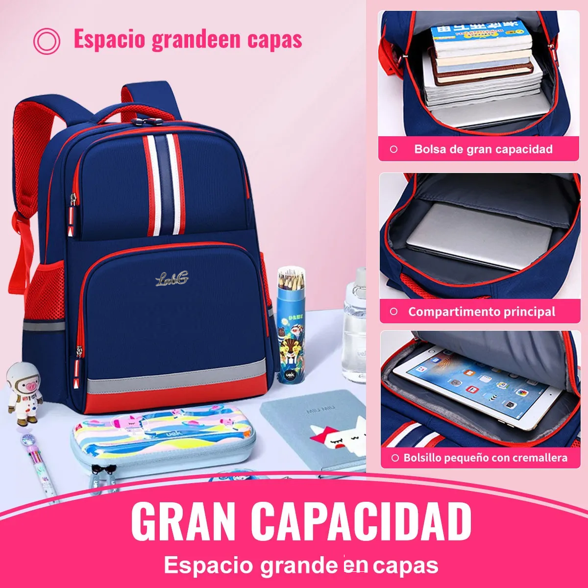 Foto 5 pulgar | Mochila De Escolar Primaria Para Niños Y Niñas Gran Capacidad Impermeable Lab.g Azul