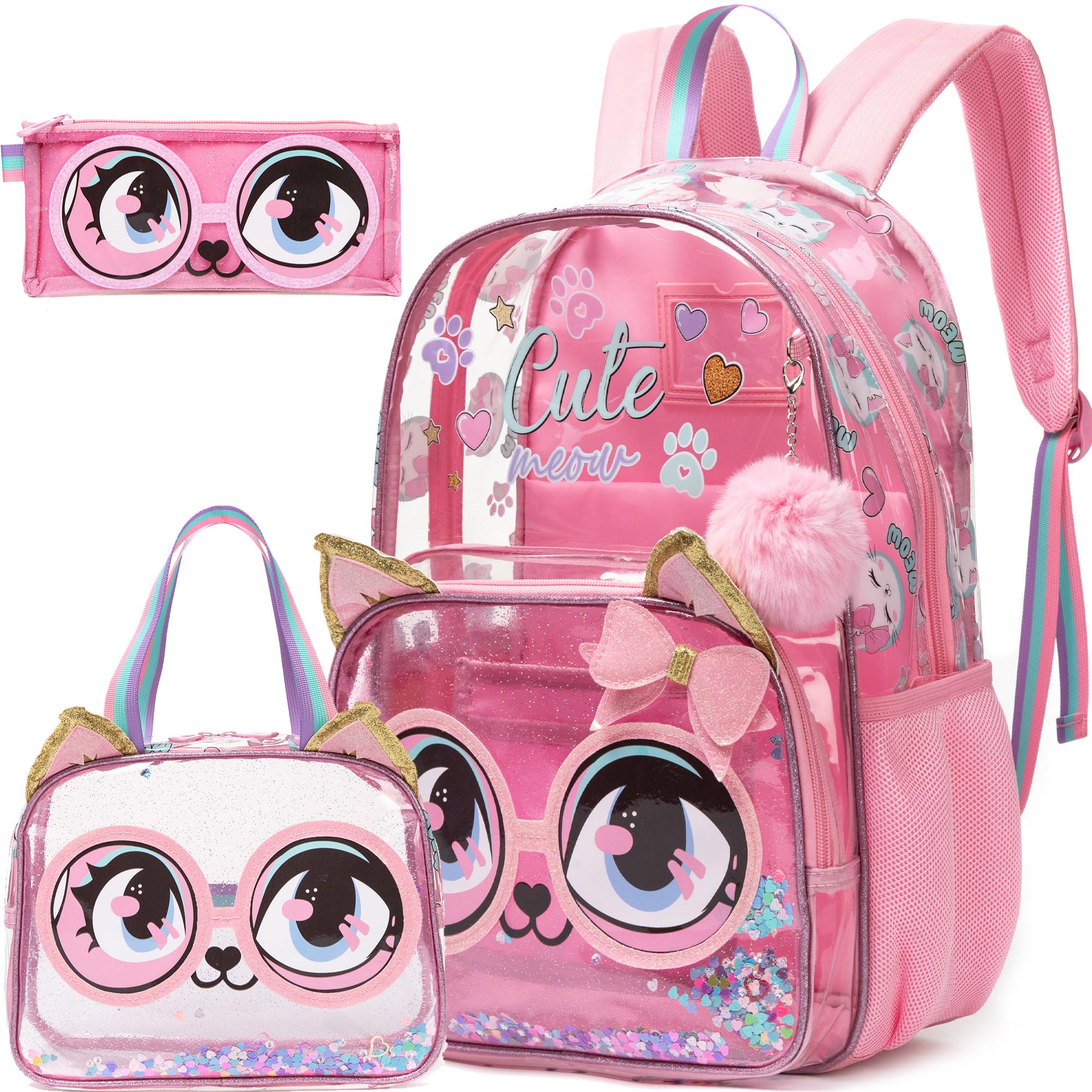 Foto 2 pulgar | Mochila Meetbelify Clear Cat Para Niñas  Escuela  16 Pulgadas Con Bolsa De Almuerzo  Juego De Lápices - Venta Inte