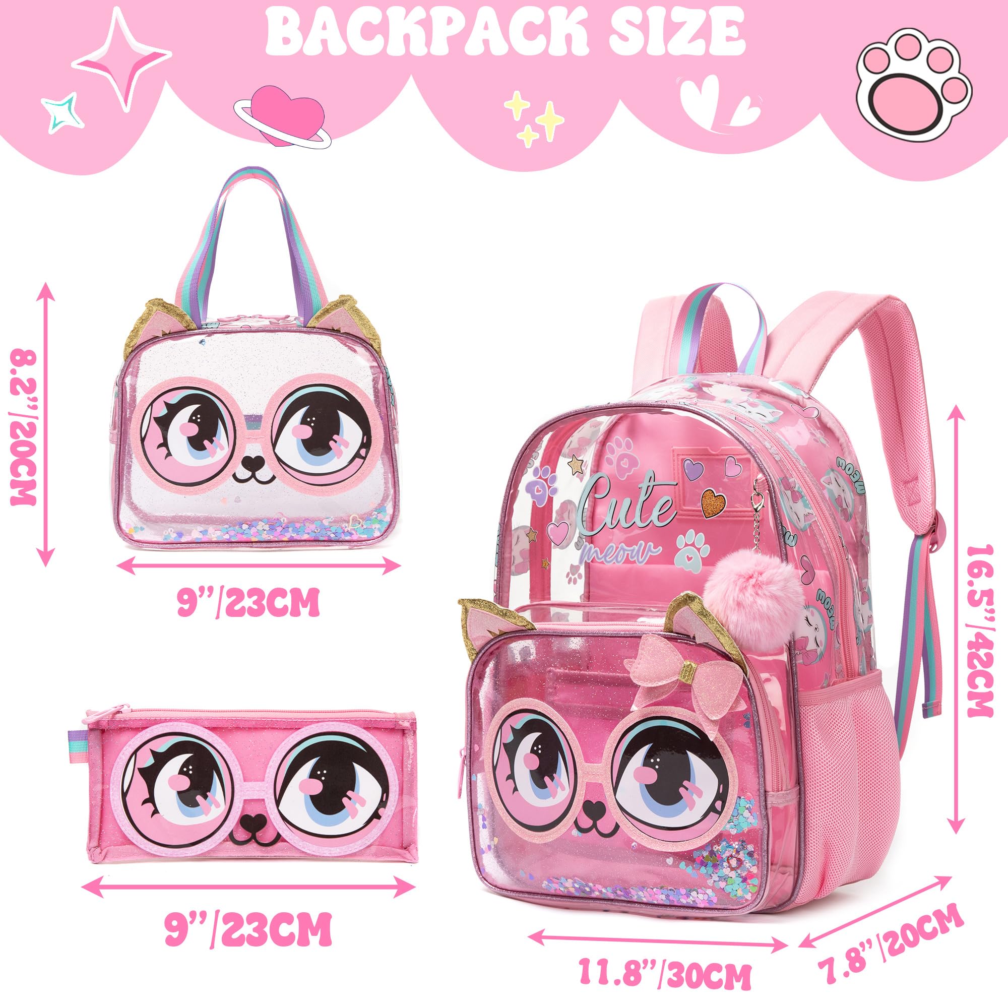 Foto 3 pulgar | Mochila Meetbelify Clear Cat Para Niñas  Escuela  16 Pulgadas Con Bolsa De Almuerzo  Juego De Lápices - Venta Inte
