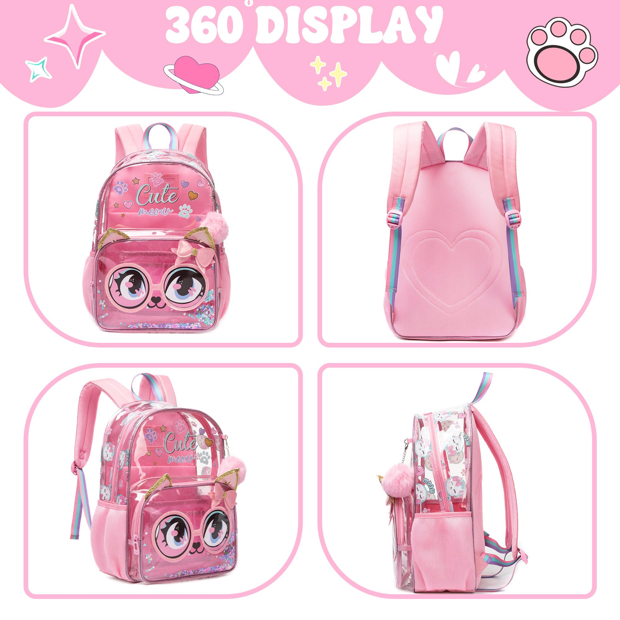 Foto 4 pulgar | Mochila Meetbelify Clear Cat Para Niñas  Escuela  16 Pulgadas Con Bolsa De Almuerzo  Juego De Lápices - Venta Inte