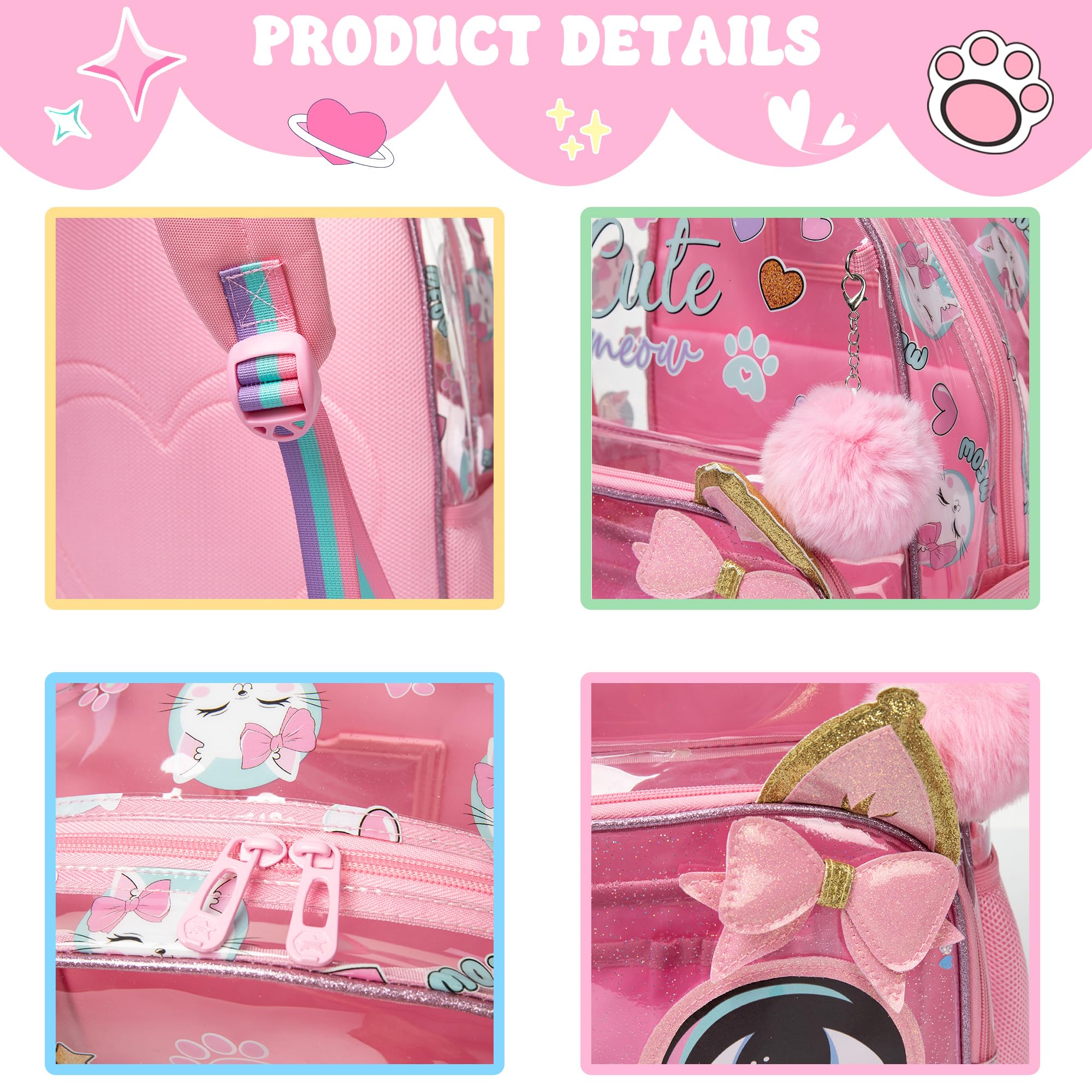 Foto 5 pulgar | Mochila Meetbelify Clear Cat Para Niñas  Escuela  16 Pulgadas Con Bolsa De Almuerzo  Juego De Lápices - Venta Inte