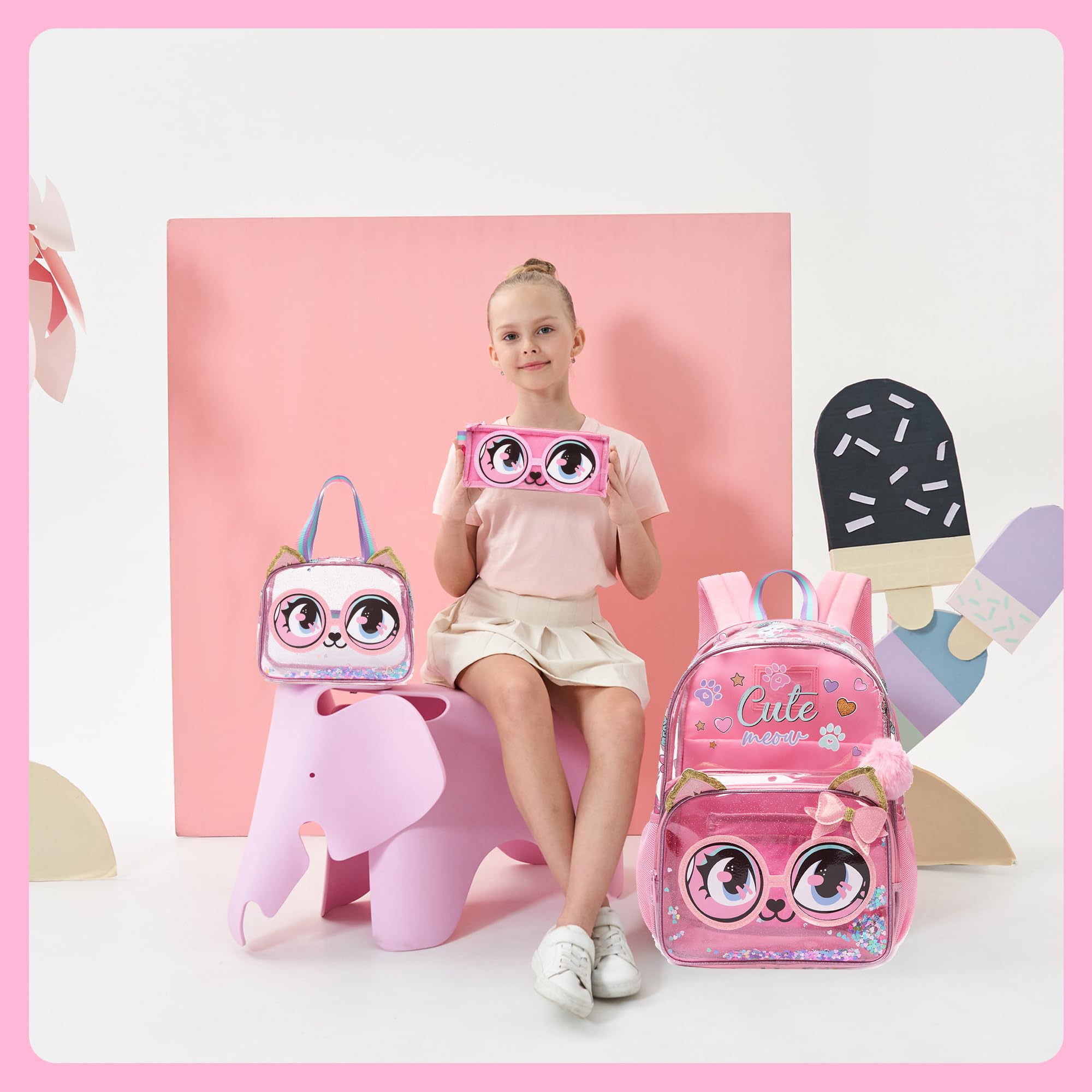 Foto 6 | Mochila Meetbelify Clear Cat Para Niñas  Escuela  16 Pulgadas Con Bolsa De Almuerzo  Juego De Lápices - Venta Inte