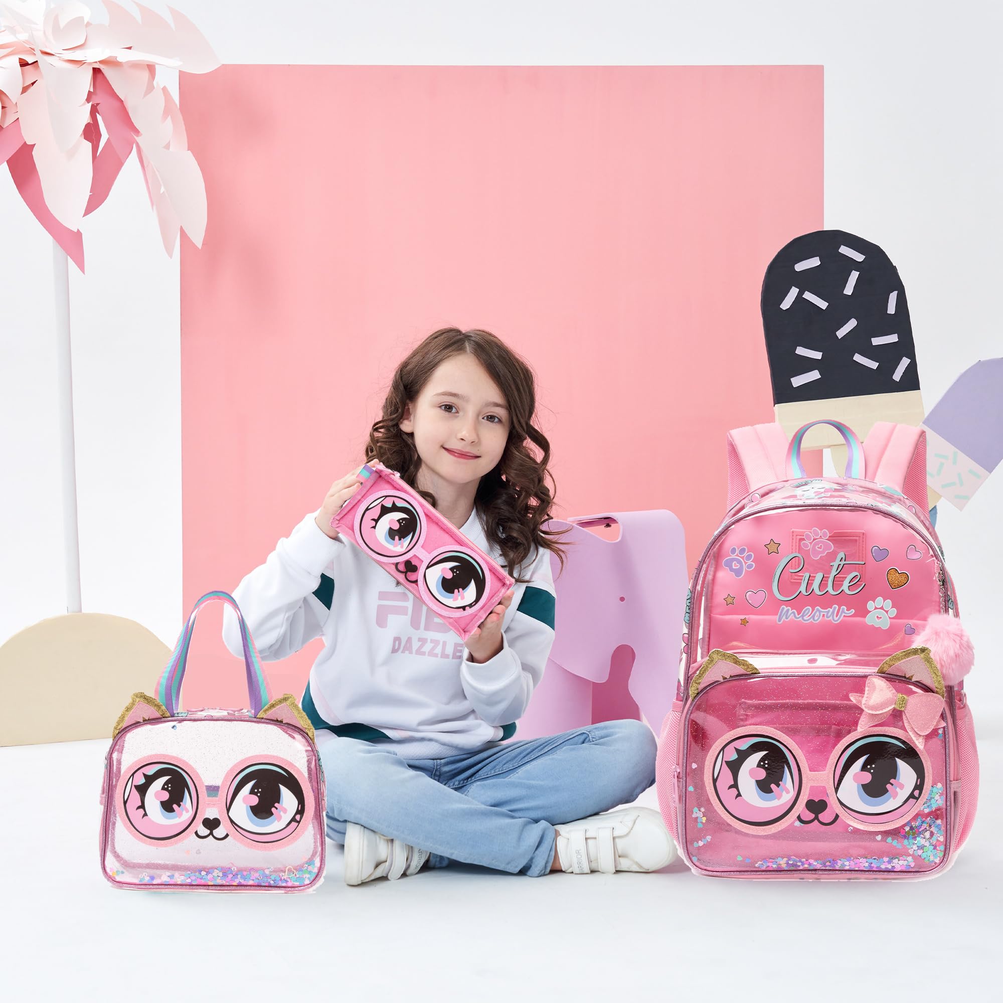 Foto 8 pulgar | Mochila Meetbelify Clear Cat Para Niñas  Escuela  16 Pulgadas Con Bolsa De Almuerzo  Juego De Lápices - Venta Inte