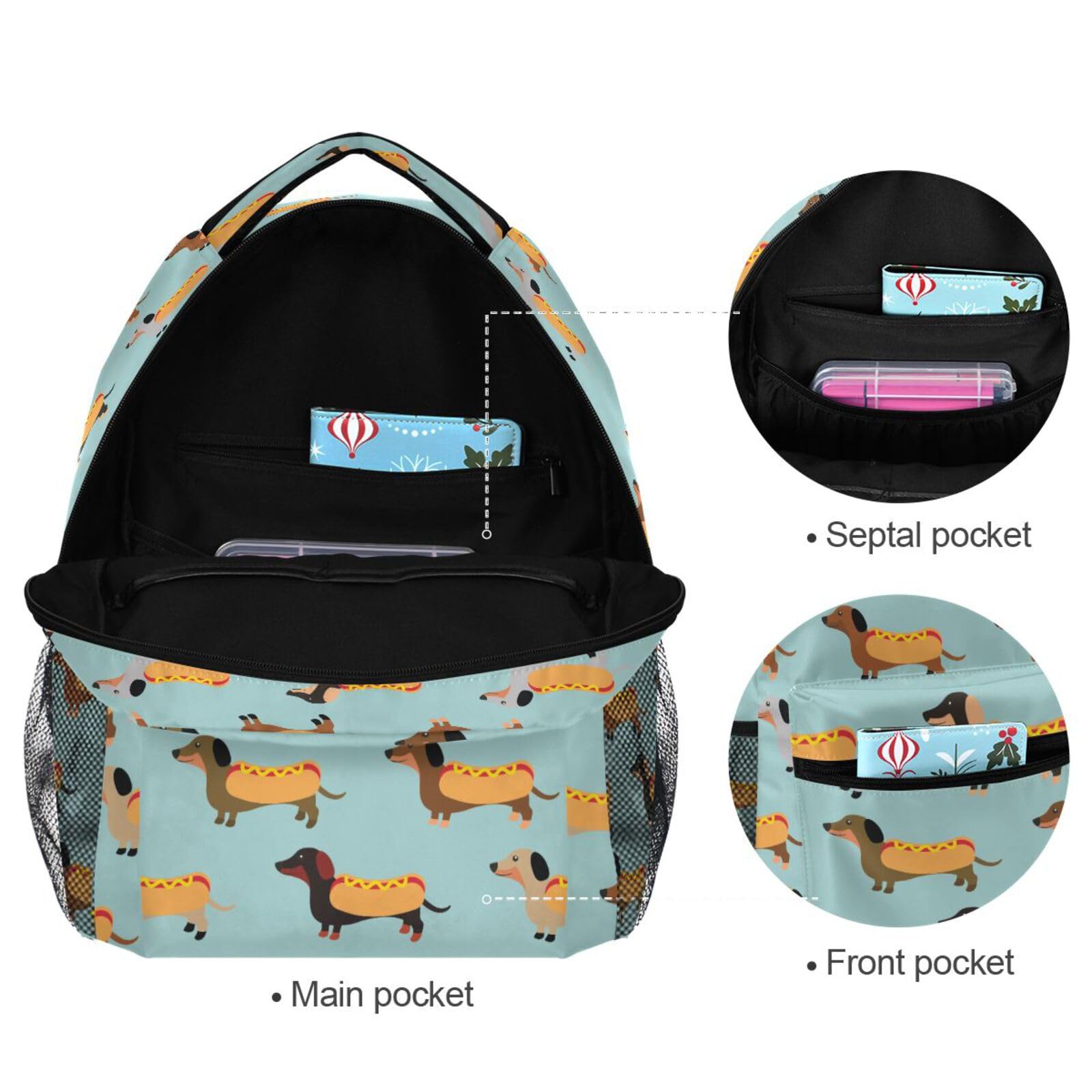 Foto 6 pulgar | Mochila Alaza Cute Dachshunds Hotdog Blue Kids De 40 Cm - Venta Internacional.
