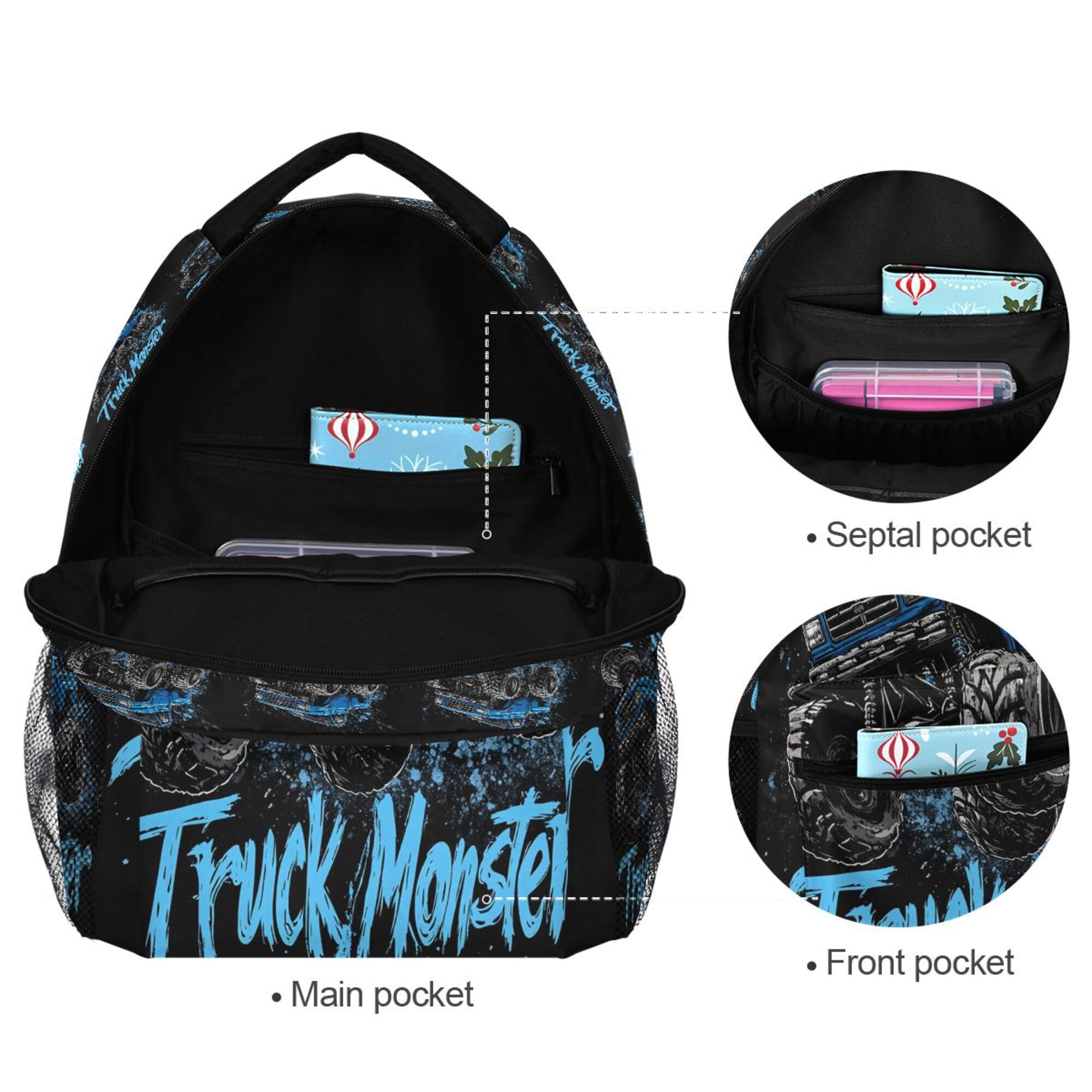 Foto 4 pulgar | Mochila Wamika Monster Truck Negra Para Niños De 6 A 16 Años - Venta Internacional.